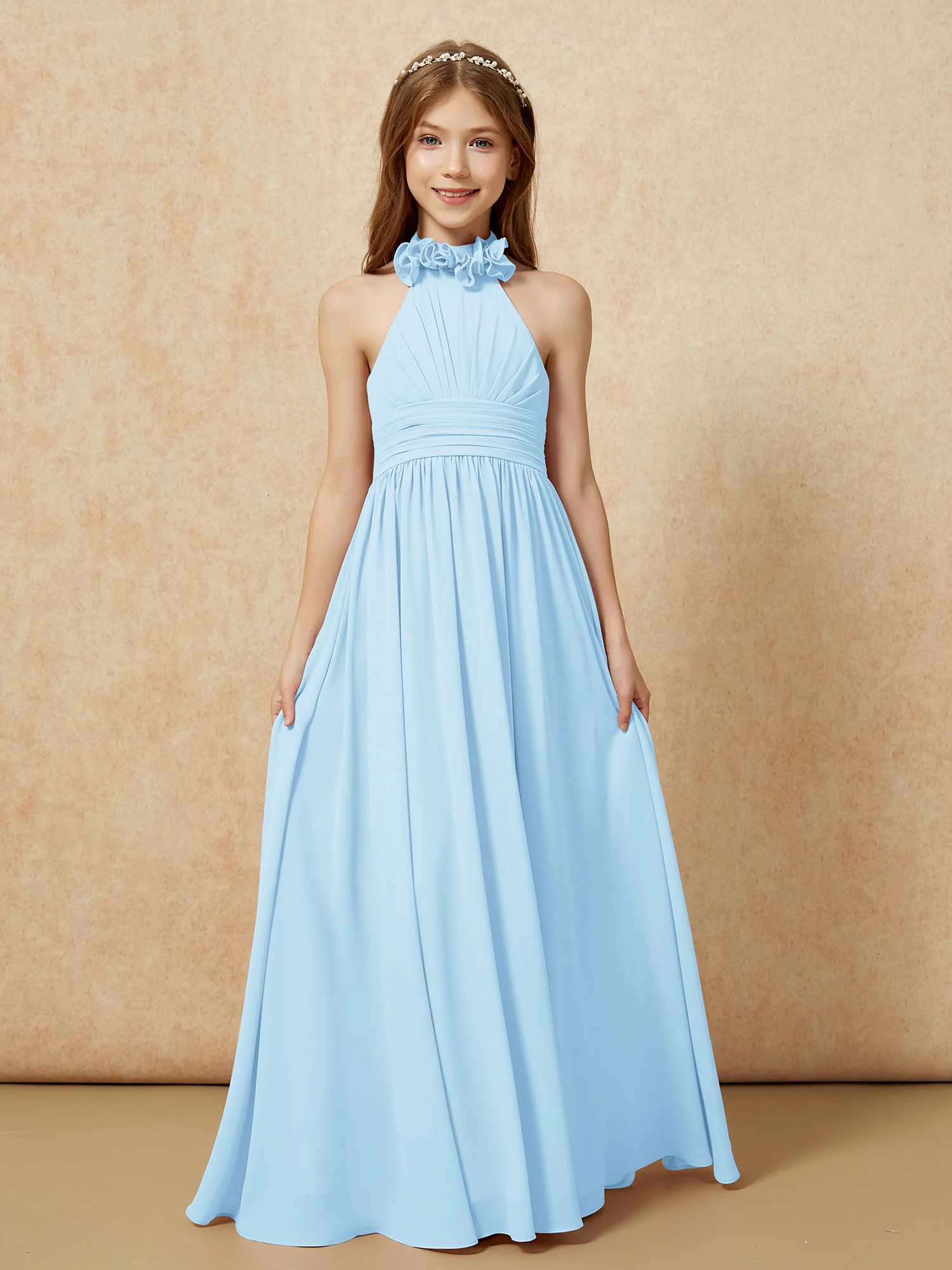 Halter Backless Chiffon Long Junior Bridesmaid Dress Sky Blue - Image 4