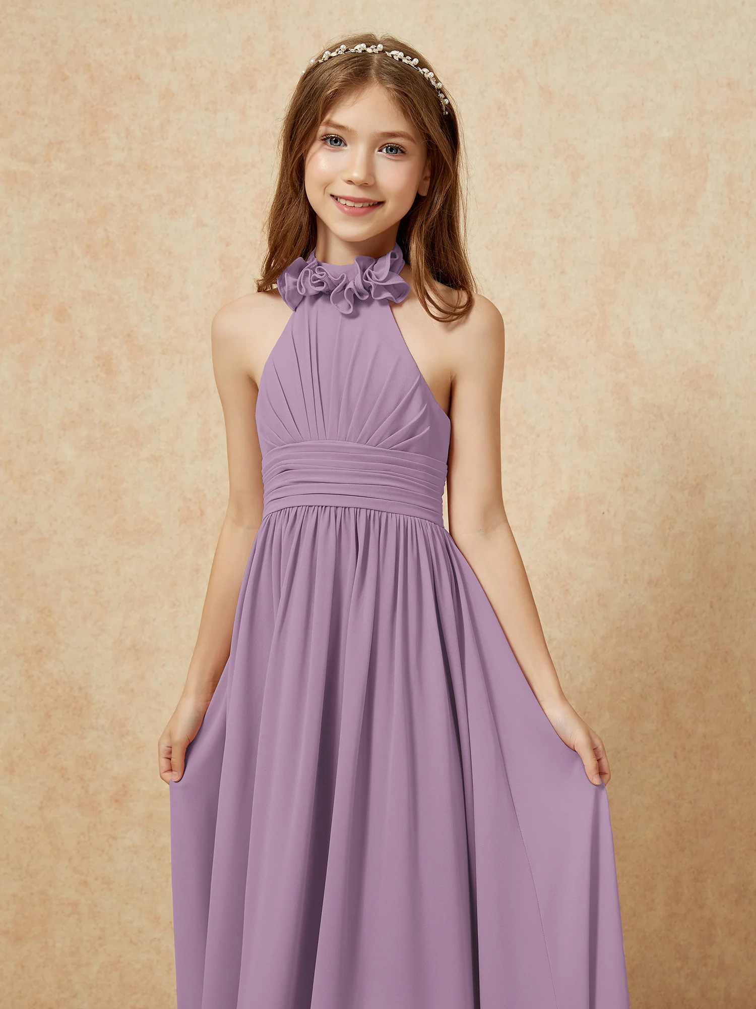Halter Backless Chiffon Long Junior Bridesmaid Dress Wisteria - Image 6