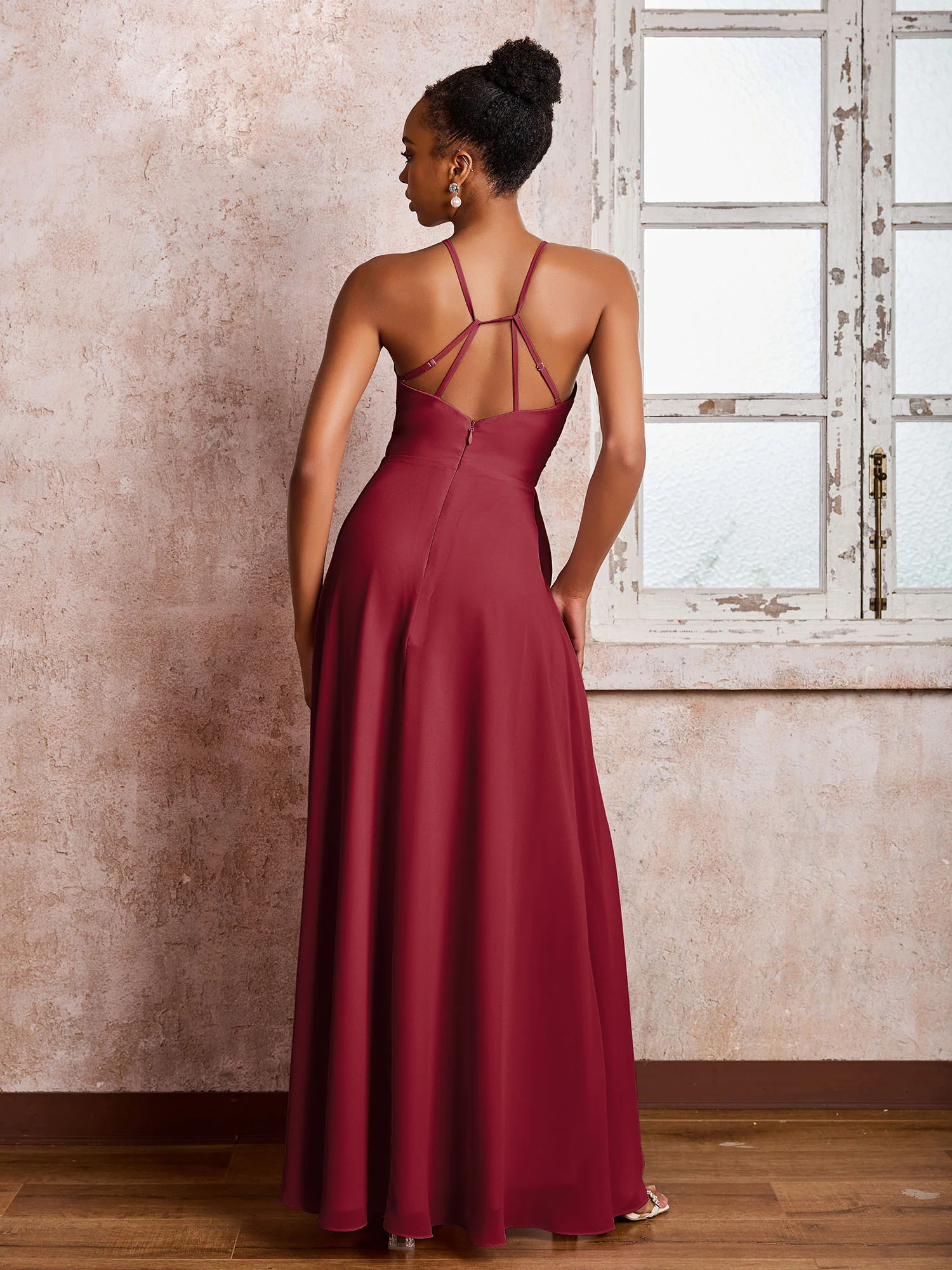 Halter Criss-Cross Straps Ruffles Chiffon Bridesmaid Dresses Burgundy - Image 2