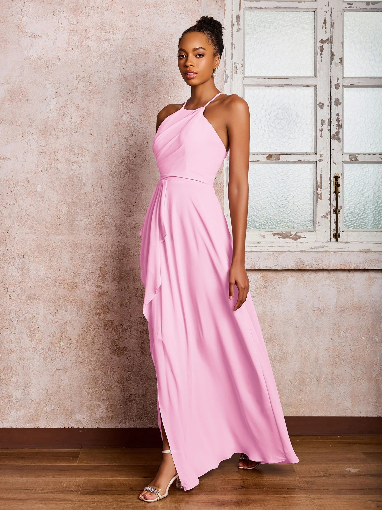 Halter Criss-Cross Straps Ruffles Chiffon Bridesmaid Dresses Candy Pink - Image 3