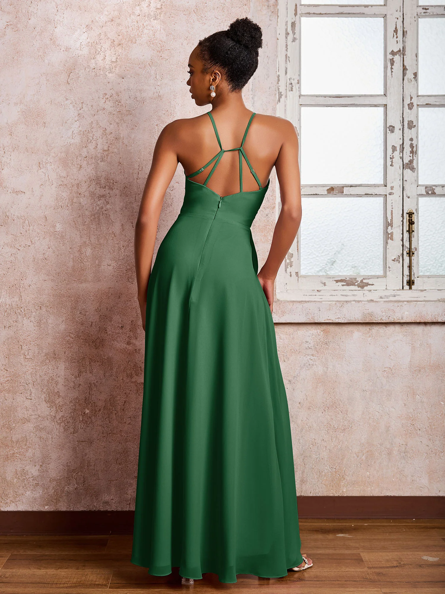 Halter Criss-Cross Straps Ruffles Chiffon Bridesmaid Dresses Dark Green - Image 2