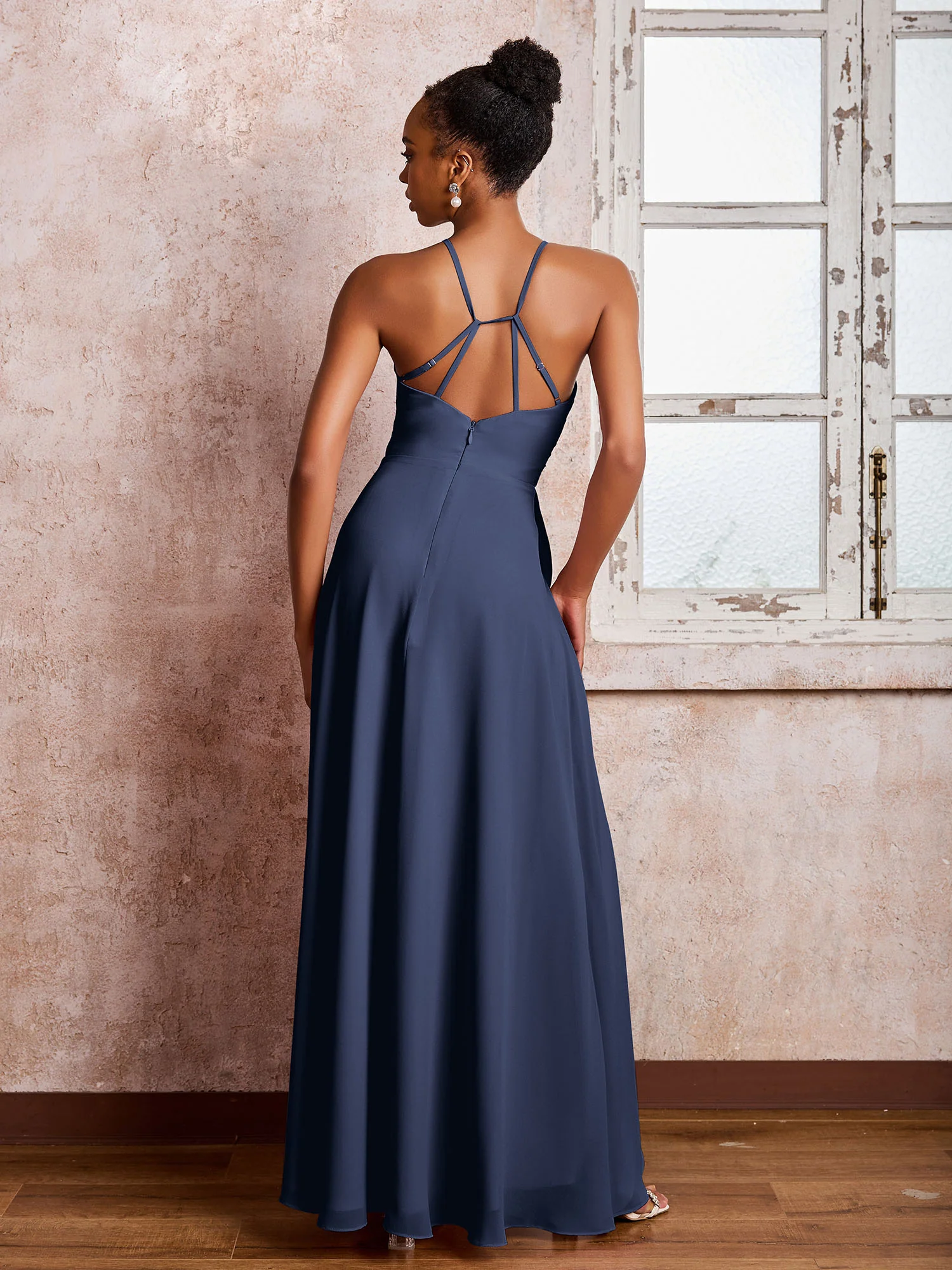 Halter Criss-Cross Straps Ruffles Chiffon Bridesmaid Dresses Dark Navy - Image 2