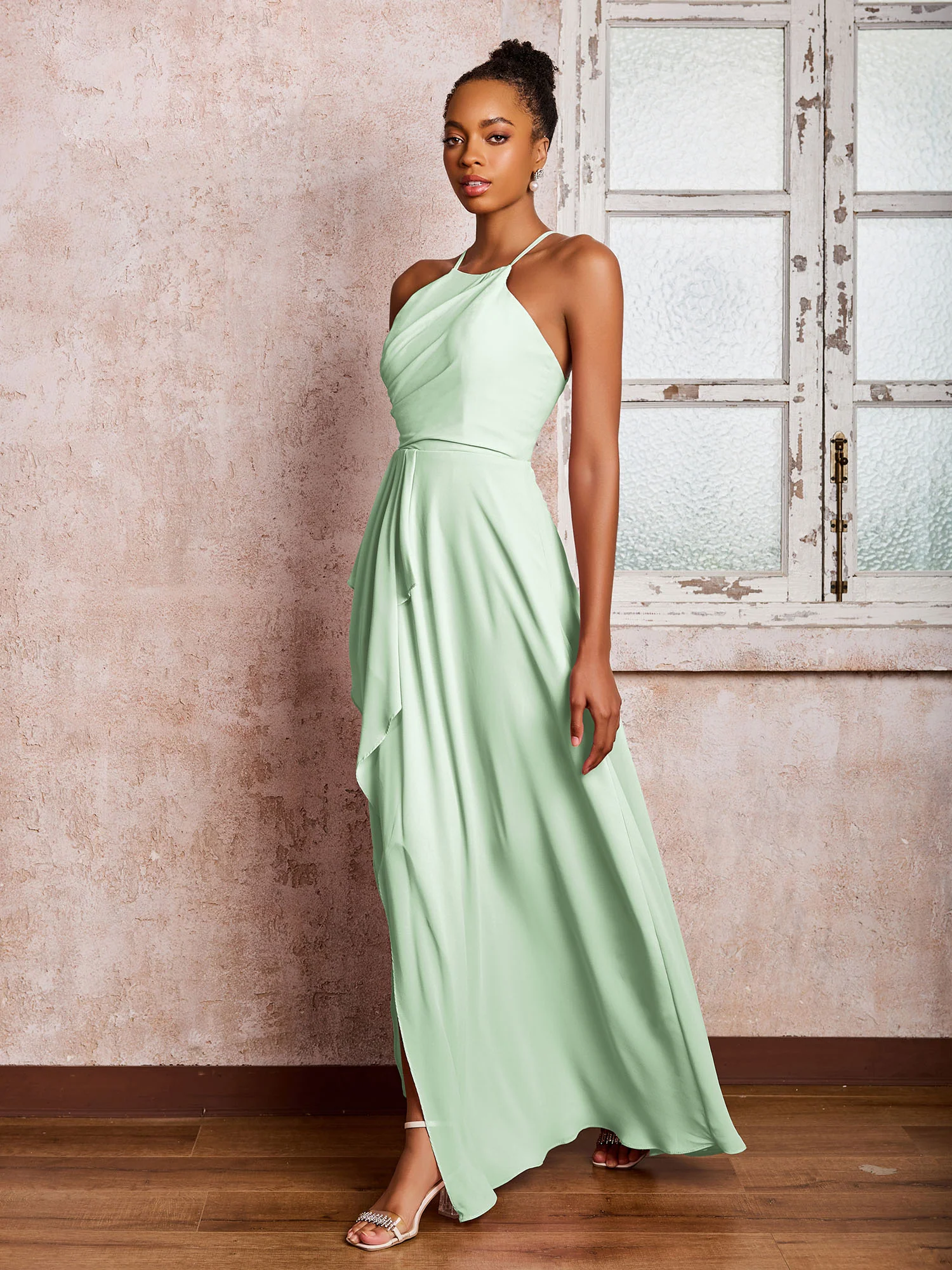 Halter Criss-Cross Straps Ruffles Chiffon Bridesmaid Dresses Dusty Sage - Image 3