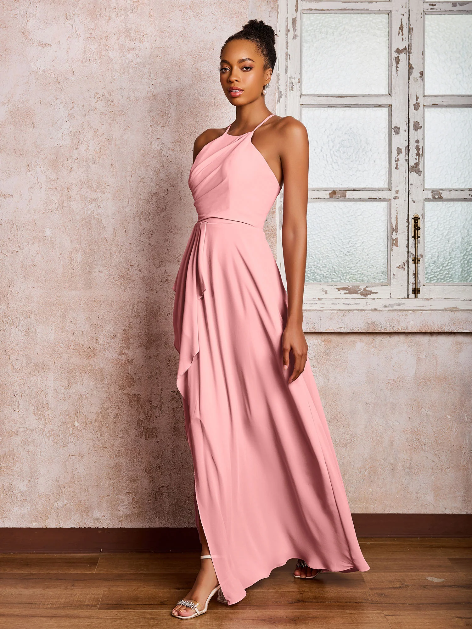 Halter Criss-Cross Straps Ruffles Chiffon Bridesmaid Dresses Flamingo - Image 3