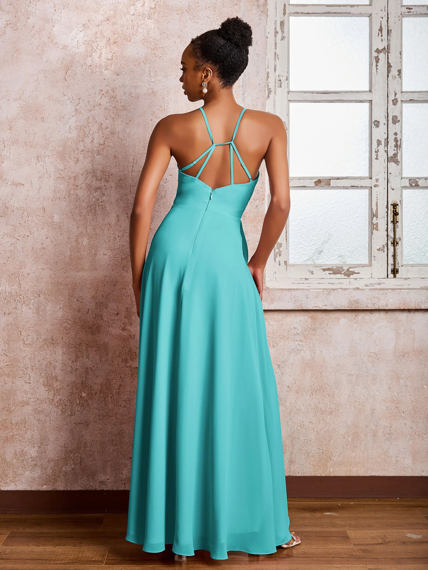 Halter Criss-Cross Straps Ruffles Chiffon Bridesmaid Dresses Jade - Image 2