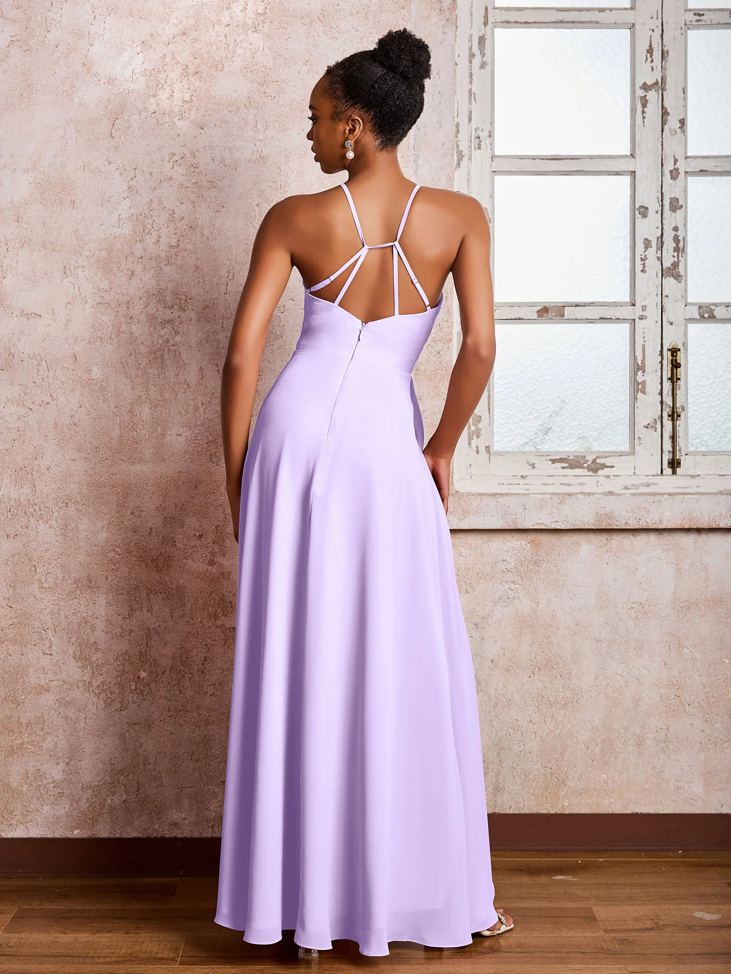 Halter Criss-Cross Straps Ruffles Chiffon Bridesmaid Dresses Lilac - Image 2