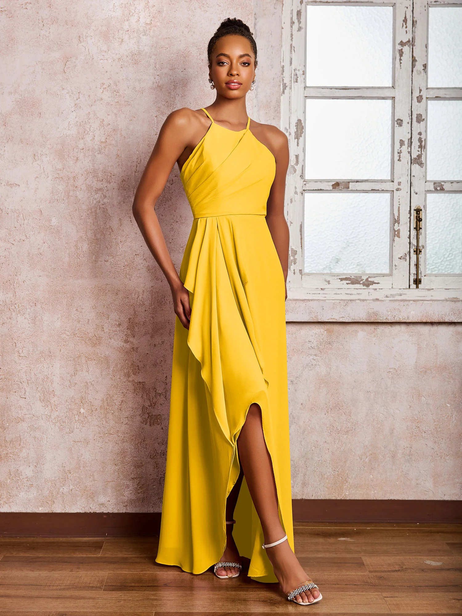 Halter Criss-Cross Straps Ruffles Chiffon Bridesmaid Dresses Marigold