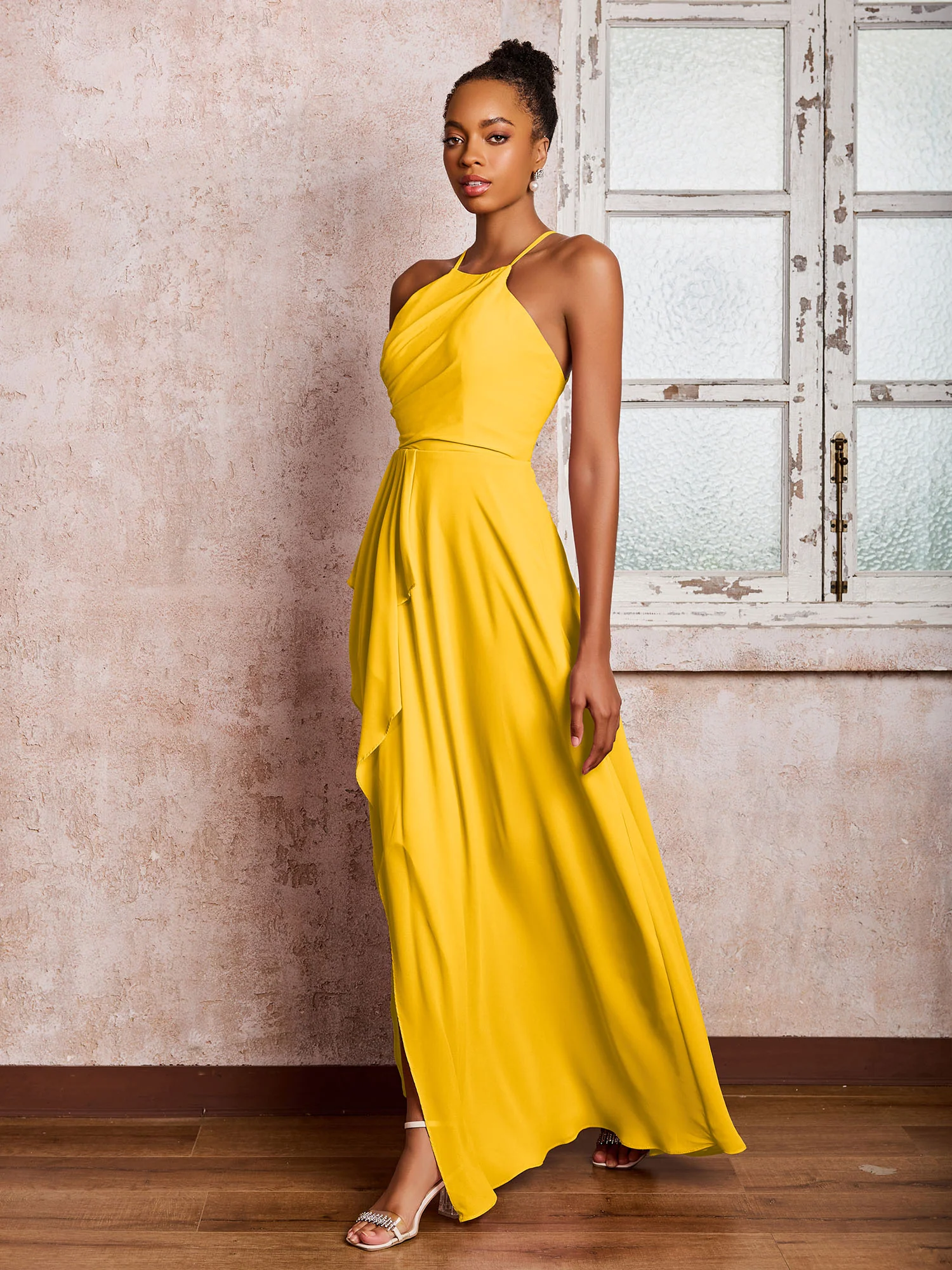 Halter Criss-Cross Straps Ruffles Chiffon Bridesmaid Dresses Marigold - Image 3