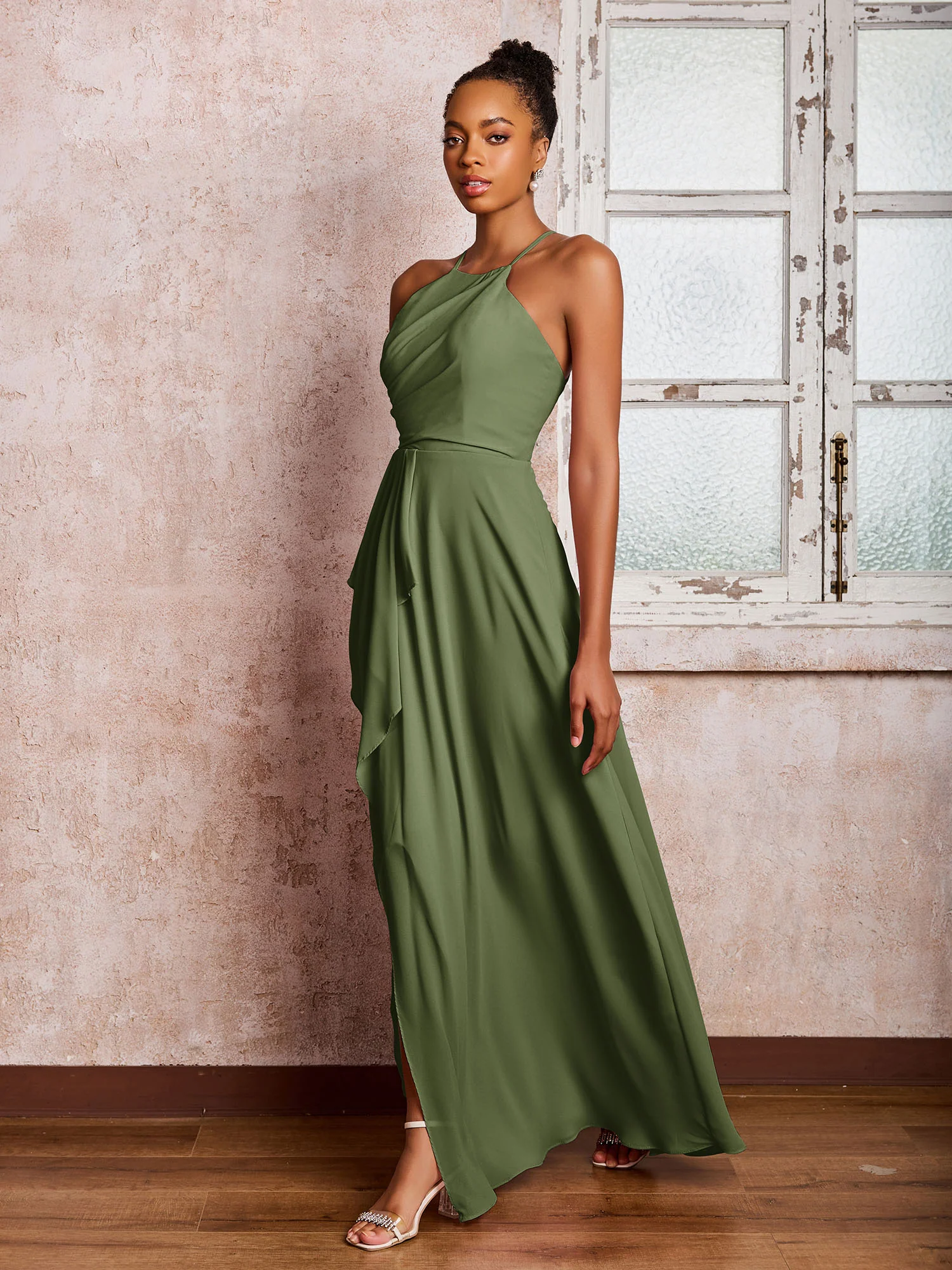 Halter Criss-Cross Straps Ruffles Chiffon Bridesmaid Dresses Olive Green - Image 3
