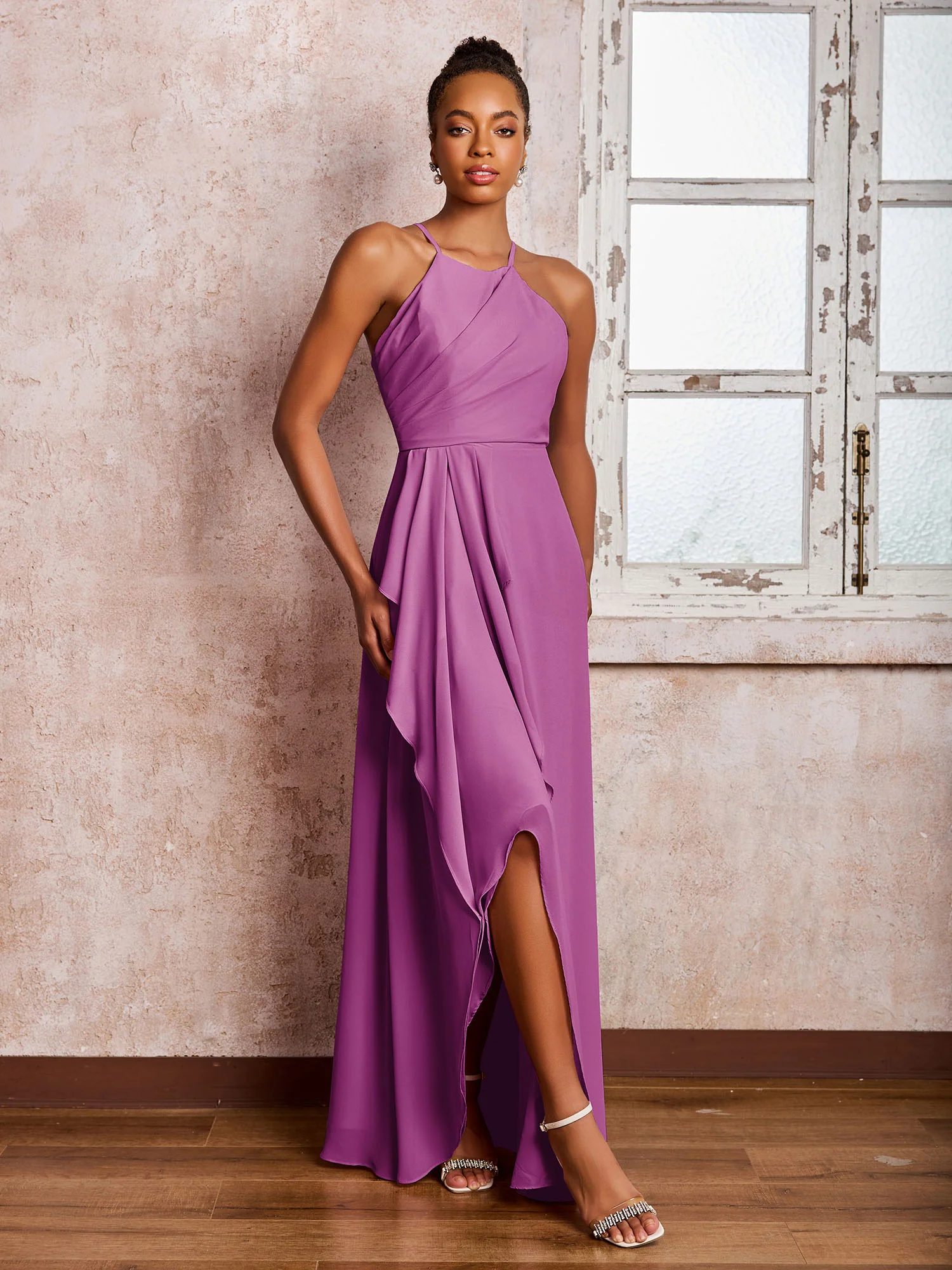 Halter Criss-Cross Straps Ruffles Chiffon Bridesmaid Dresses Orchid