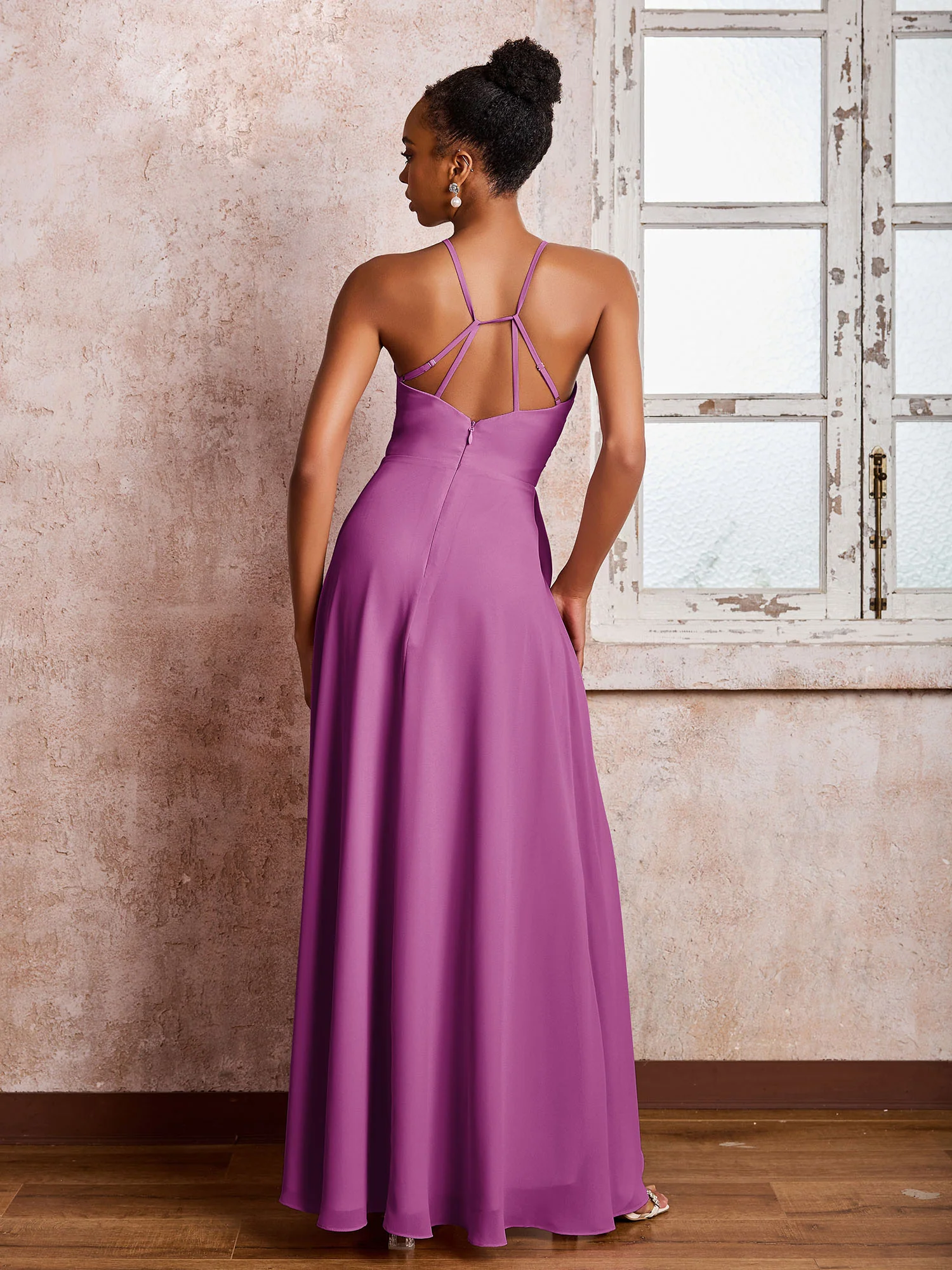 Halter Criss-Cross Straps Ruffles Chiffon Bridesmaid Dresses Orchid - Image 2