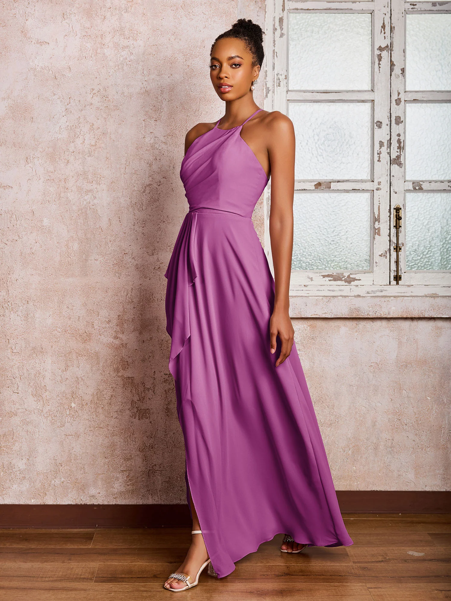 Halter Criss-Cross Straps Ruffles Chiffon Bridesmaid Dresses Orchid - Image 3