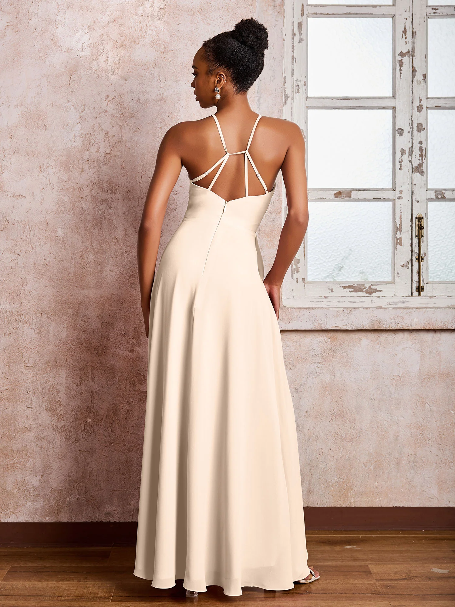 Halter Criss-Cross Straps Ruffles Chiffon Bridesmaid Dresses Peach - Image 2