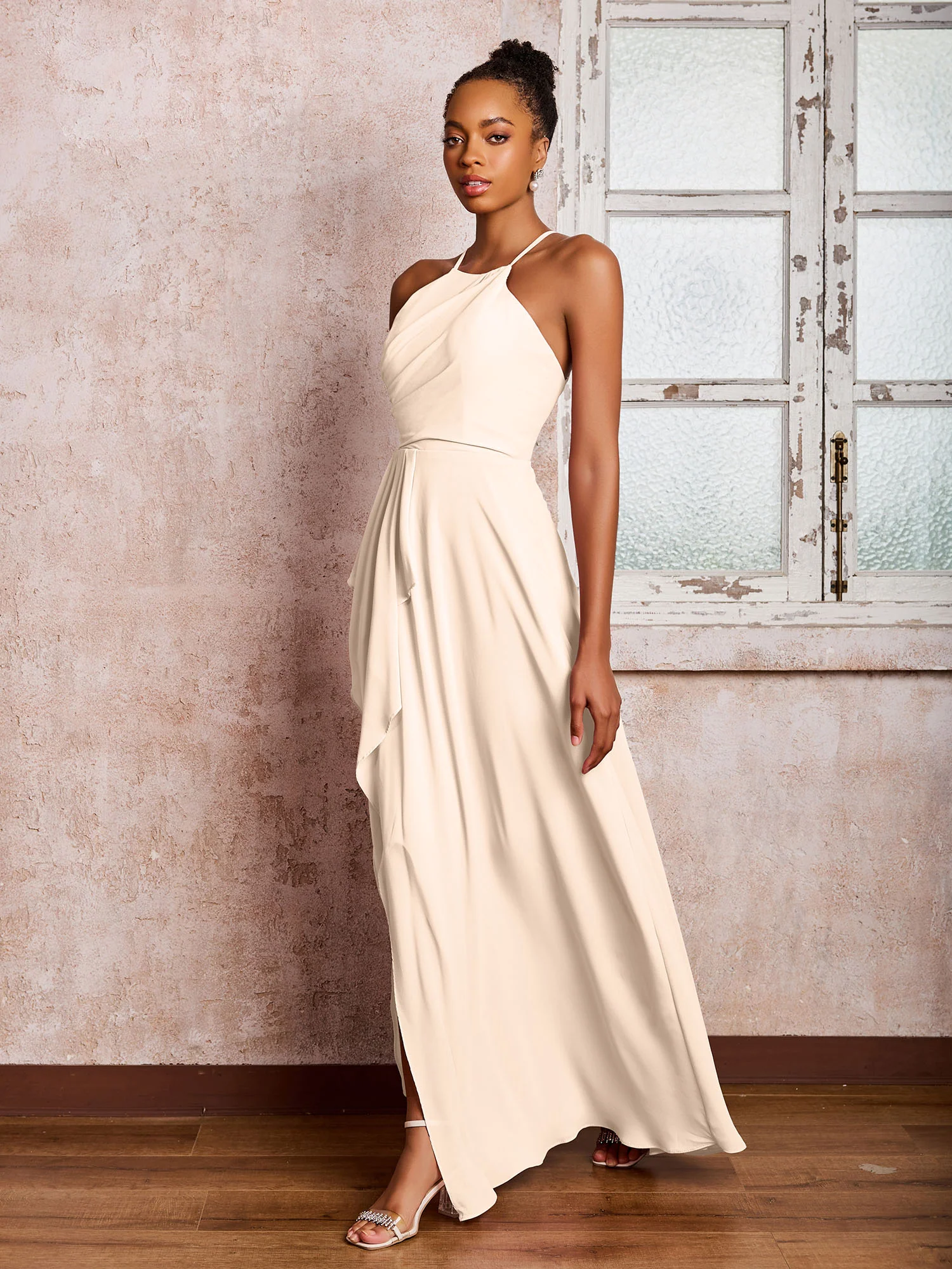 Halter Criss-Cross Straps Ruffles Chiffon Bridesmaid Dresses Peach - Image 3
