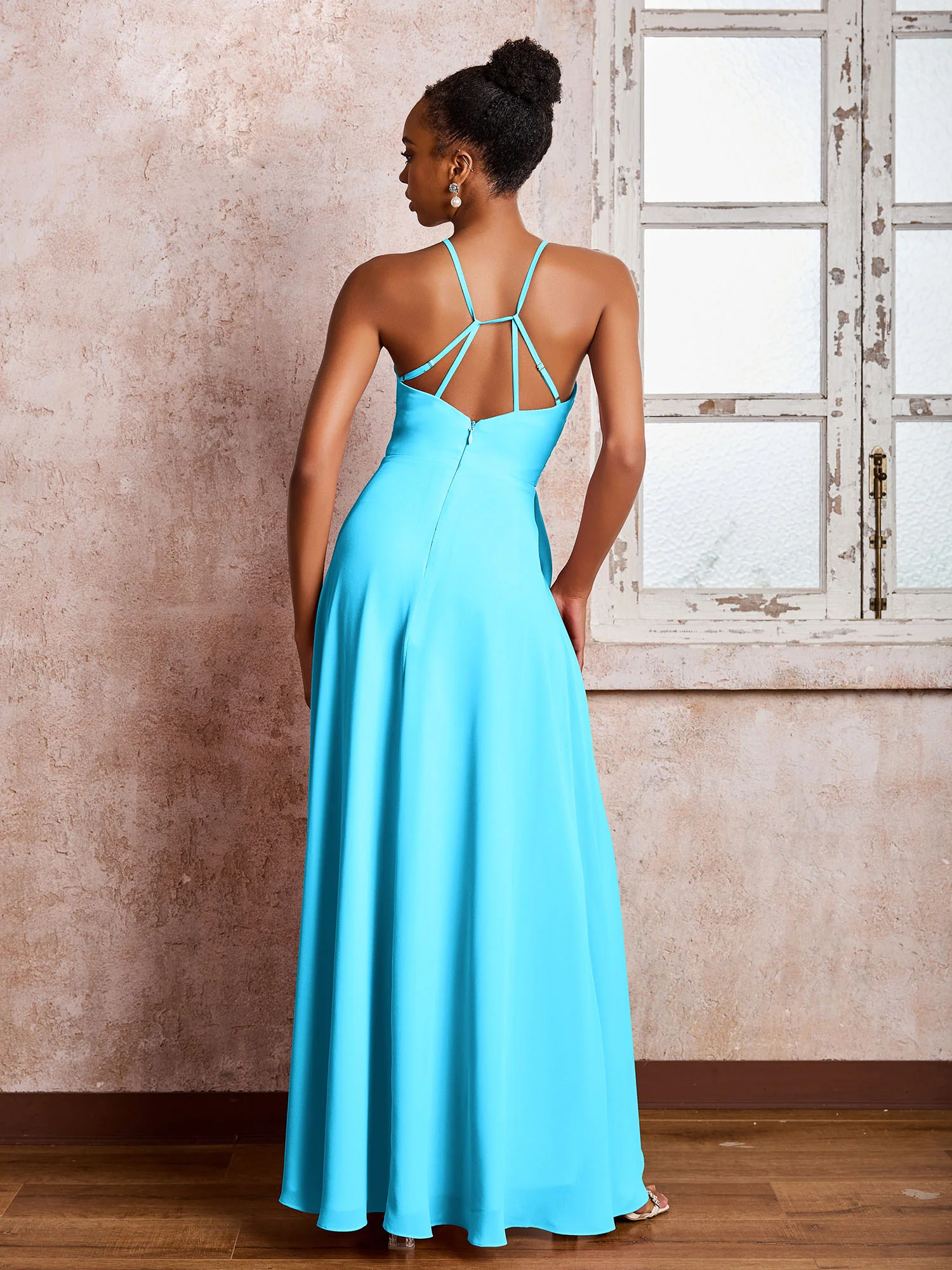 Halter Criss-Cross Straps Ruffles Chiffon Bridesmaid Dresses Pool - Image 2