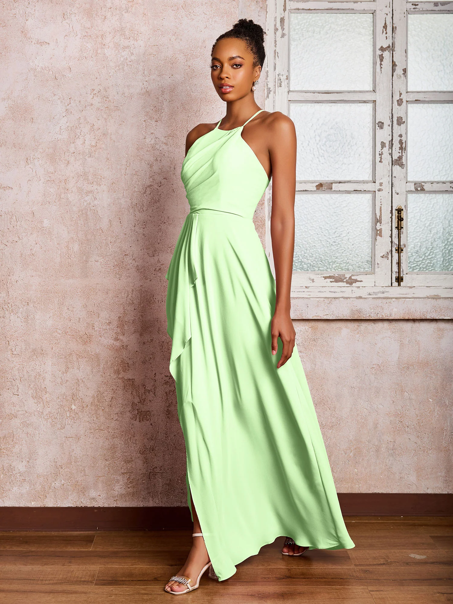 Halter Criss-Cross Straps Ruffles Chiffon Bridesmaid Dresses Sage - Image 3