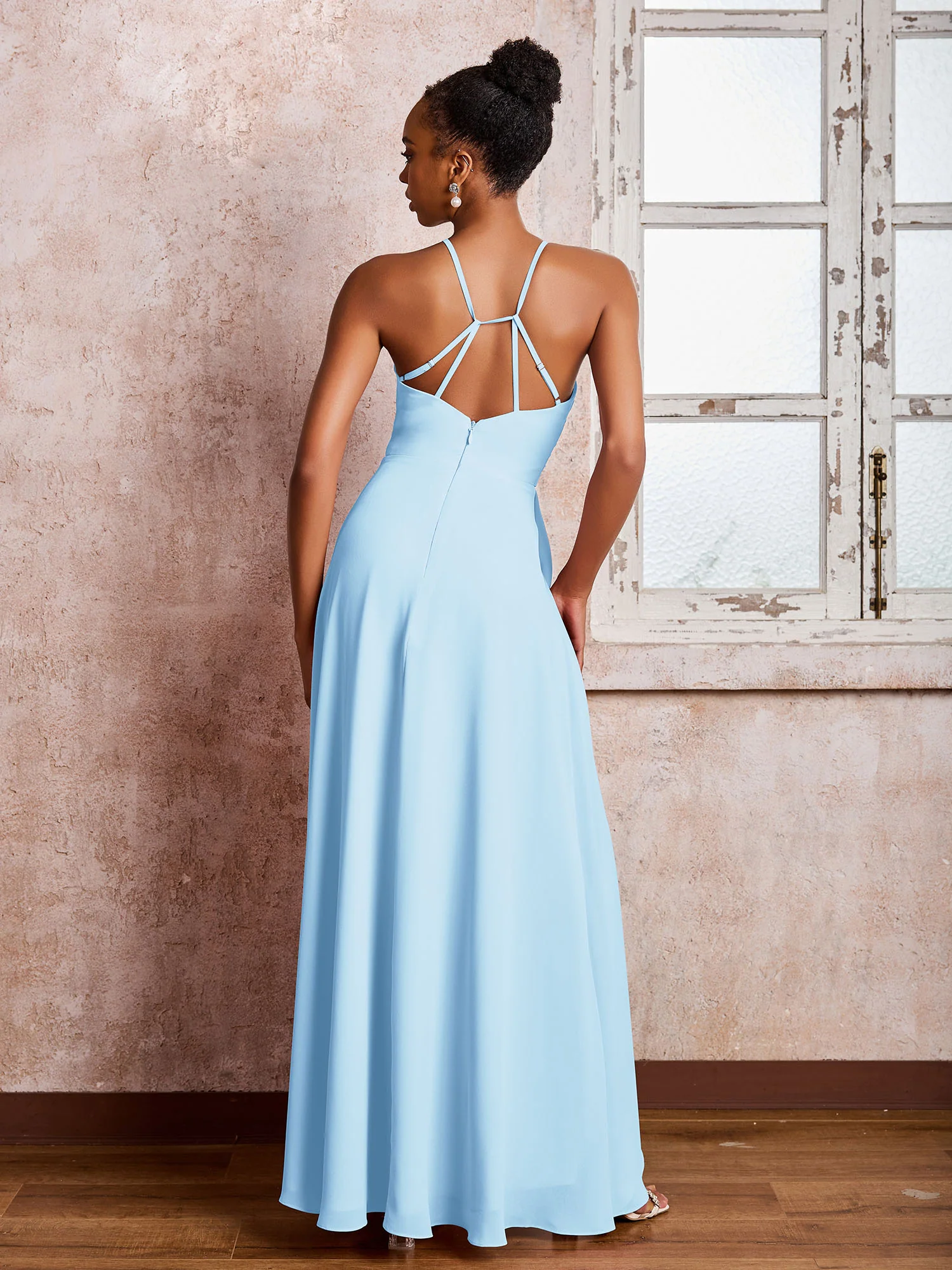 Halter Criss-Cross Straps Ruffles Chiffon Bridesmaid Dresses Sky Blue - Image 2