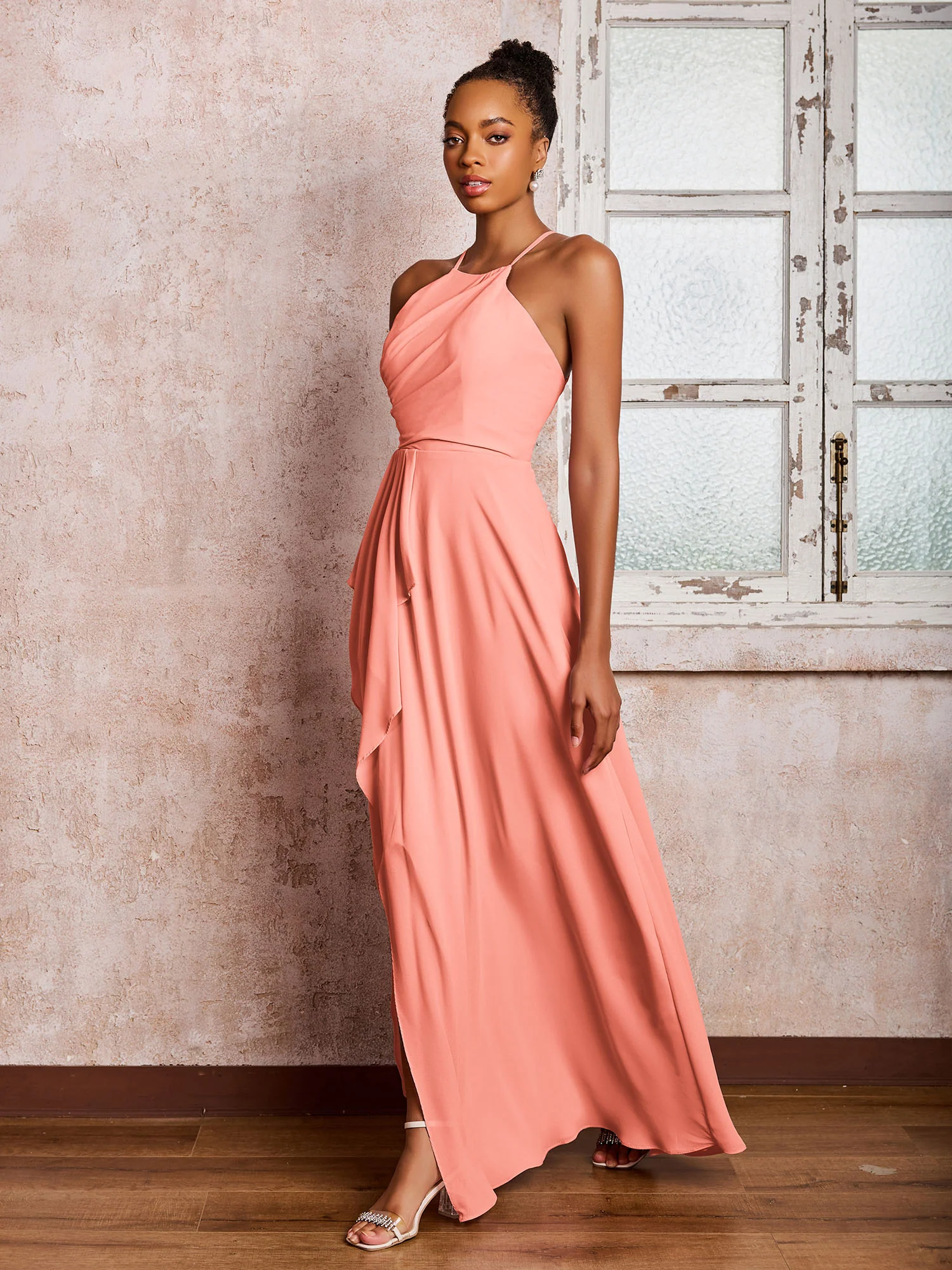 Halter Criss-Cross Straps Ruffles Chiffon Bridesmaid Dresses Sunset - Image 3