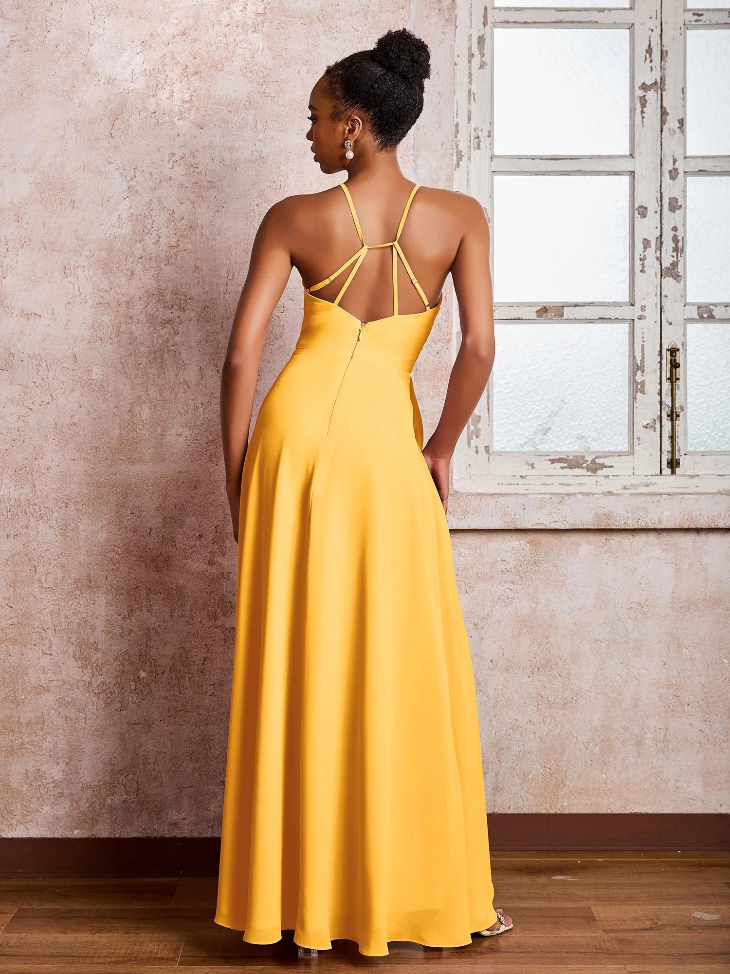 Halter Criss-Cross Straps Ruffles Chiffon Bridesmaid Dresses Tangerine - Image 2