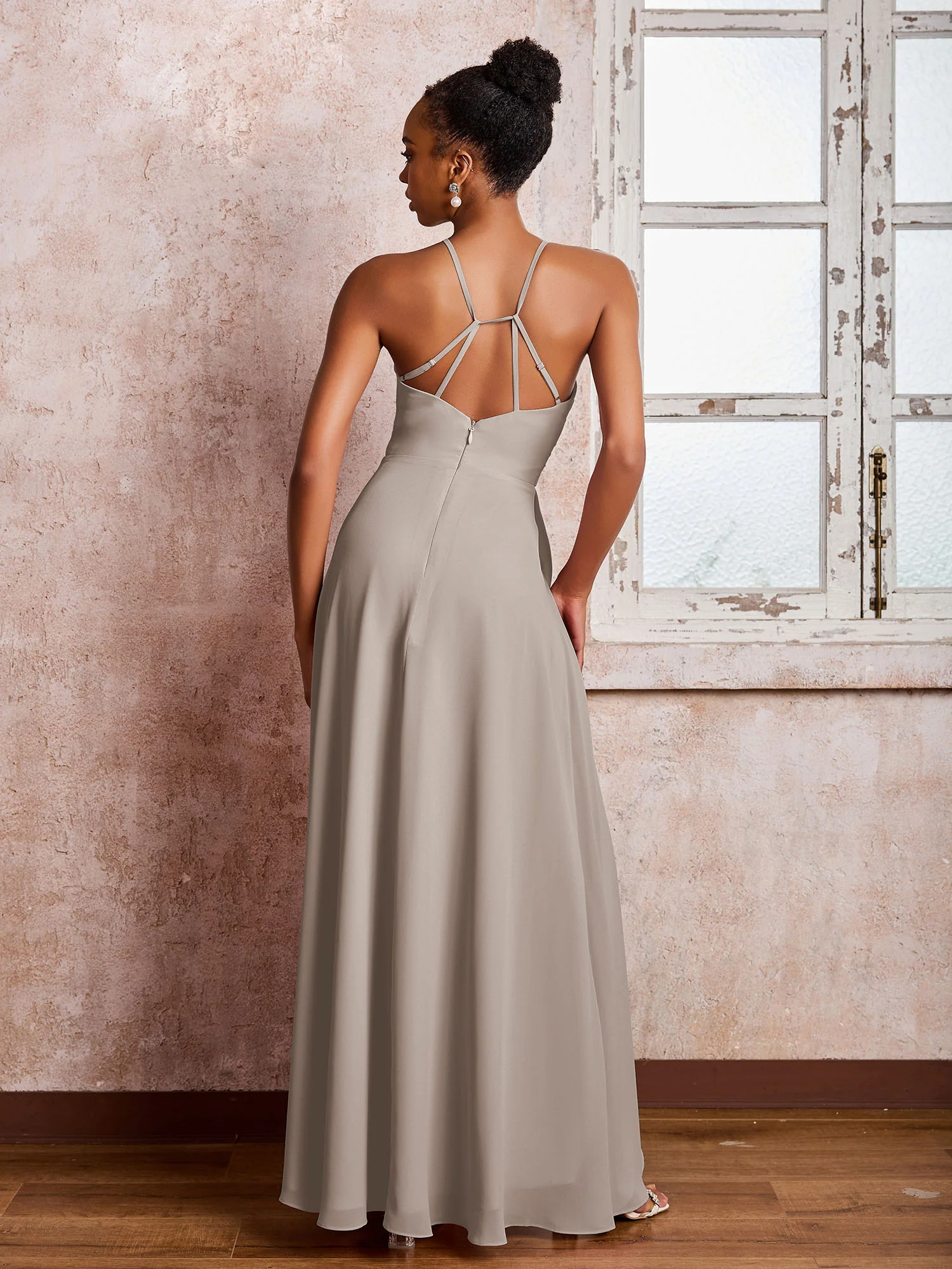 Halter Criss-Cross Straps Ruffles Chiffon Bridesmaid Dresses Taupe - Image 2