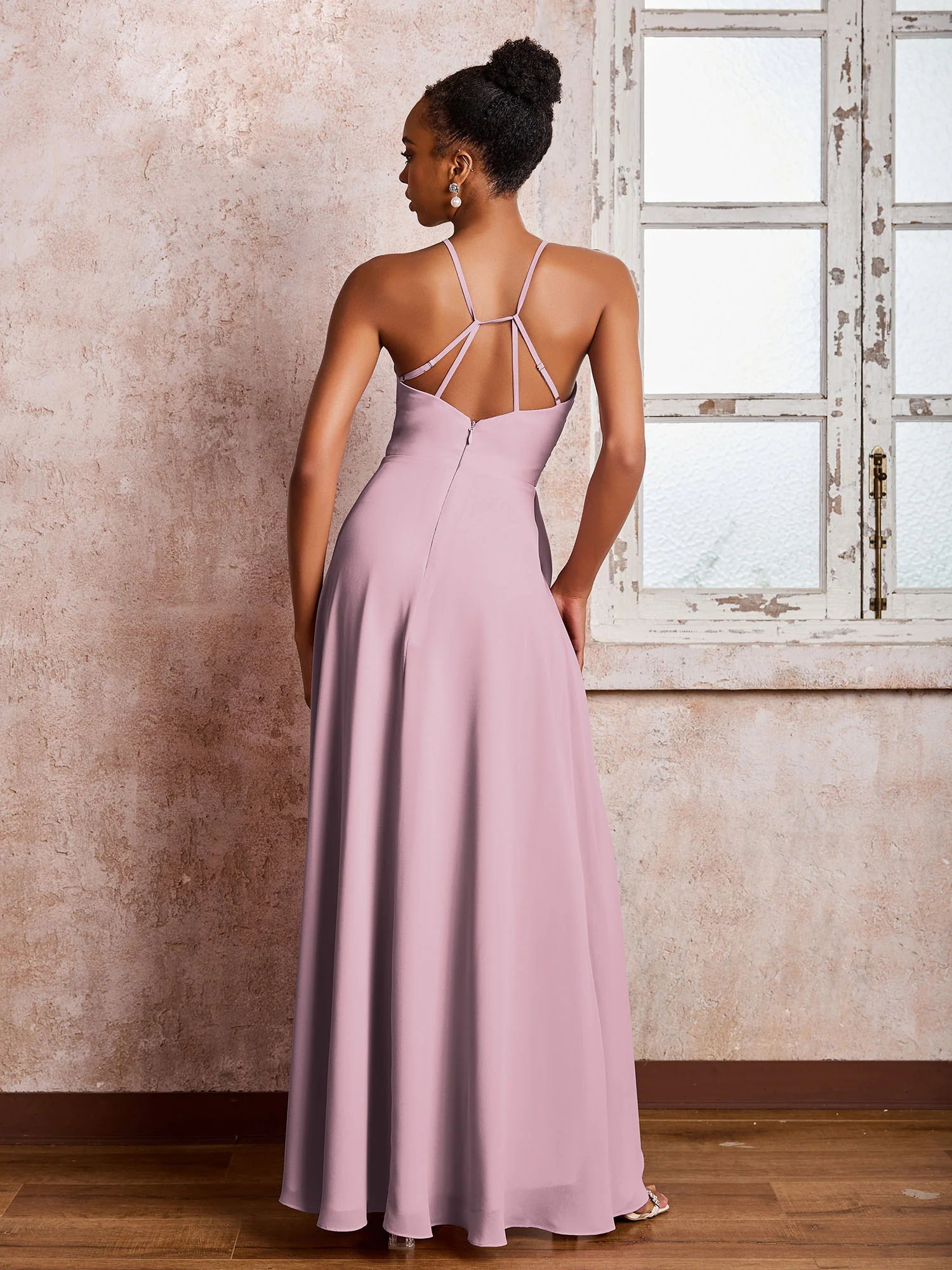 Halter Criss-Cross Straps Ruffles Chiffon Bridesmaid Dresses Vintage Mauve - Image 2