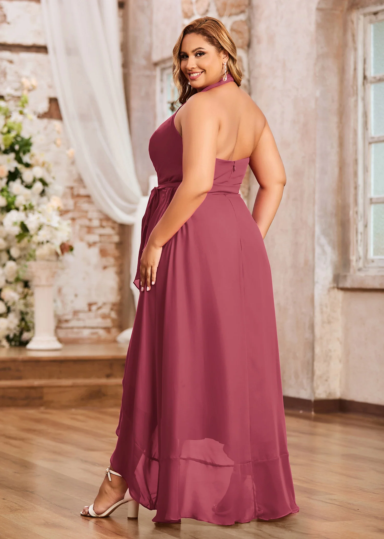 Halter Deep-V Neck Chiffon Asymmetrical Dresses-Cinnamon Rose - Image 2