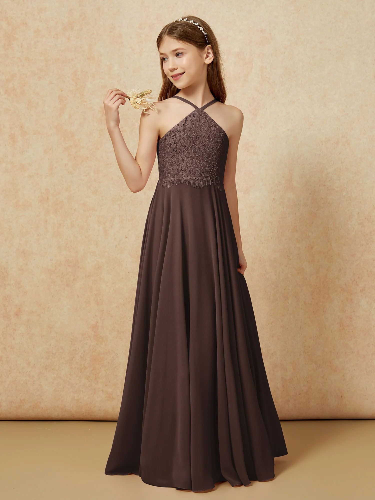 Halter Lace Top Long Chiffon Junior Bridesmaid Dress Chocolate - Image 3