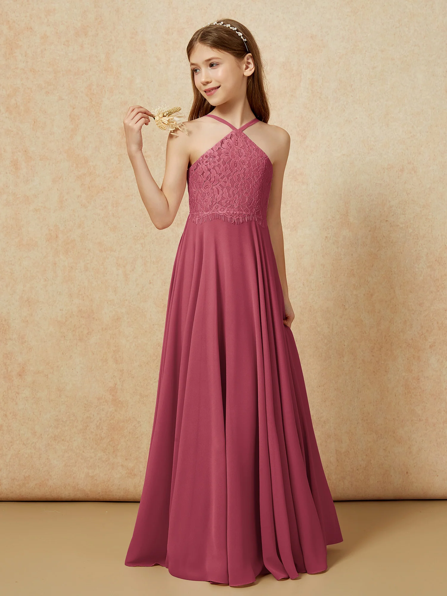 Halter Lace Top Long Chiffon Junior Bridesmaid Dress Cinnamon Rose - Image 3