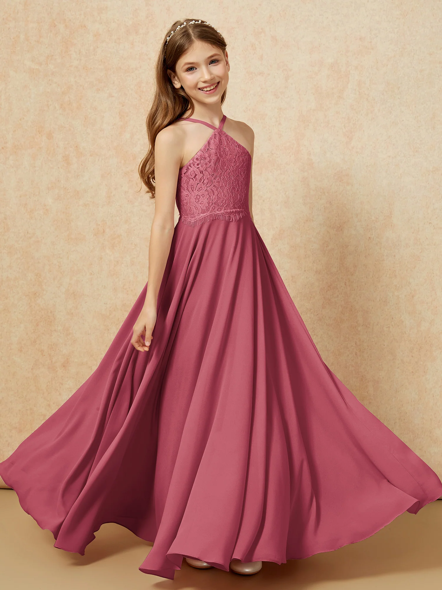 Halter Lace Top Long Chiffon Junior Bridesmaid Dress Cinnamon Rose - Image 4