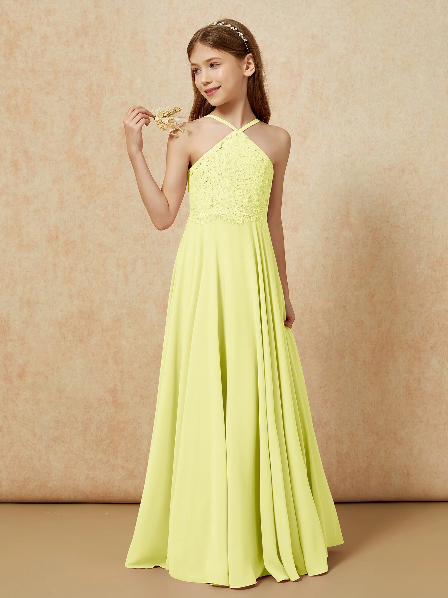 Halter Lace Top Long Chiffon Junior Bridesmaid Dress Daffodil - Image 3