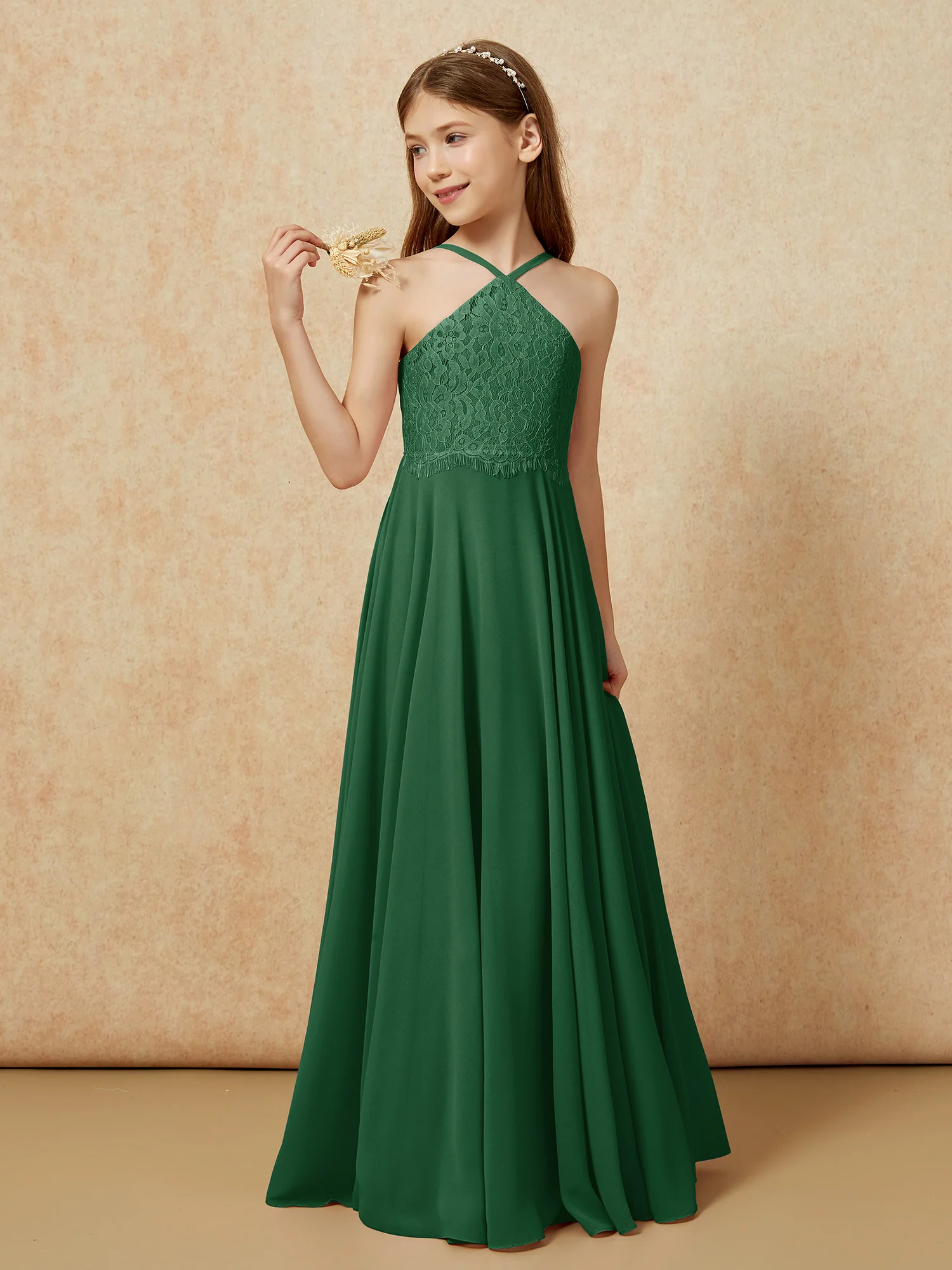 Halter Lace Top Long Chiffon Junior Bridesmaid Dress Dark Green - Image 3