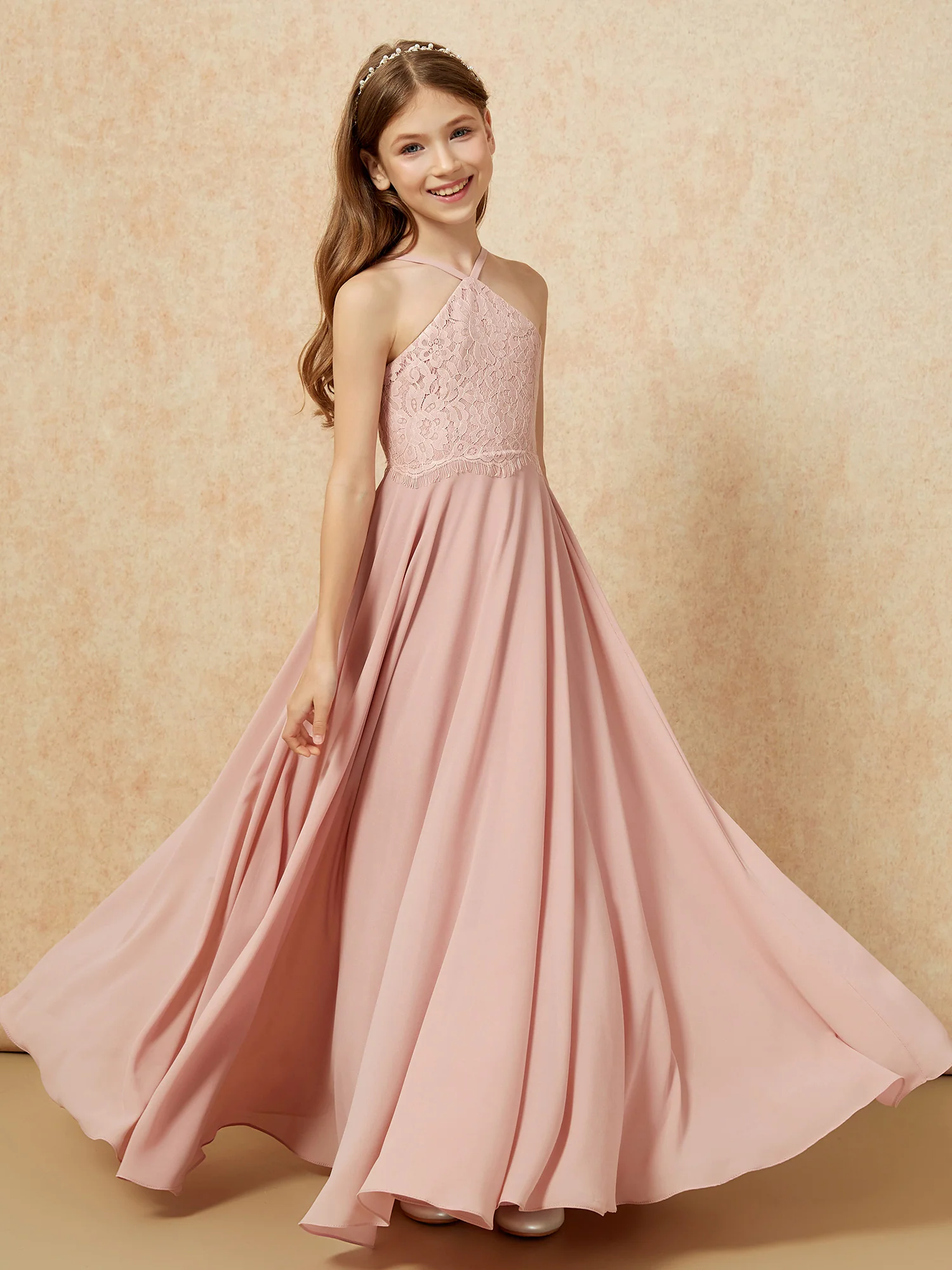 Halter Lace Top Long Chiffon Junior Bridesmaid Dress Dusty Rose - Image 4