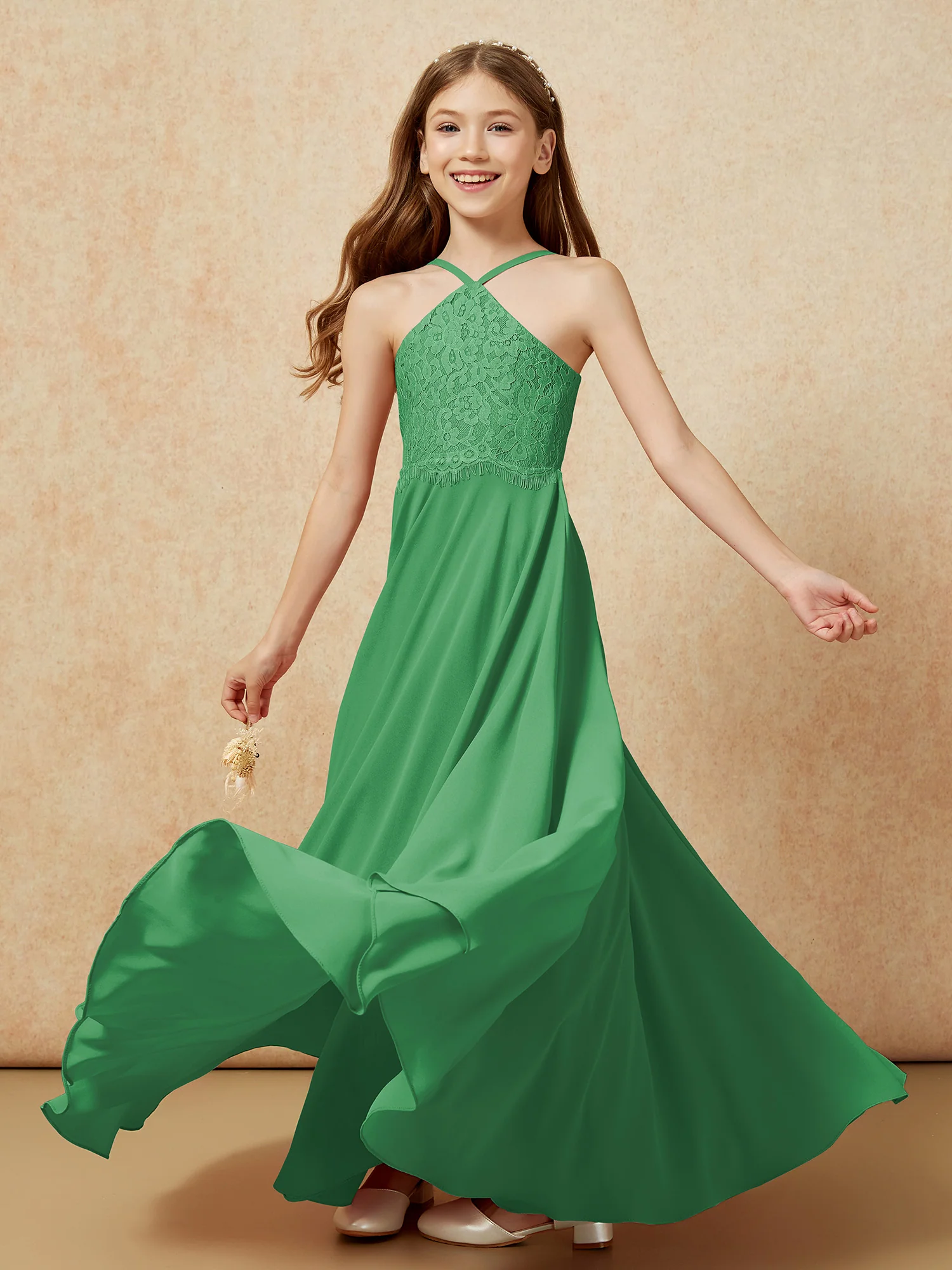 Halter Lace Top Long Chiffon Junior Bridesmaid Dress Emerald - Image 6
