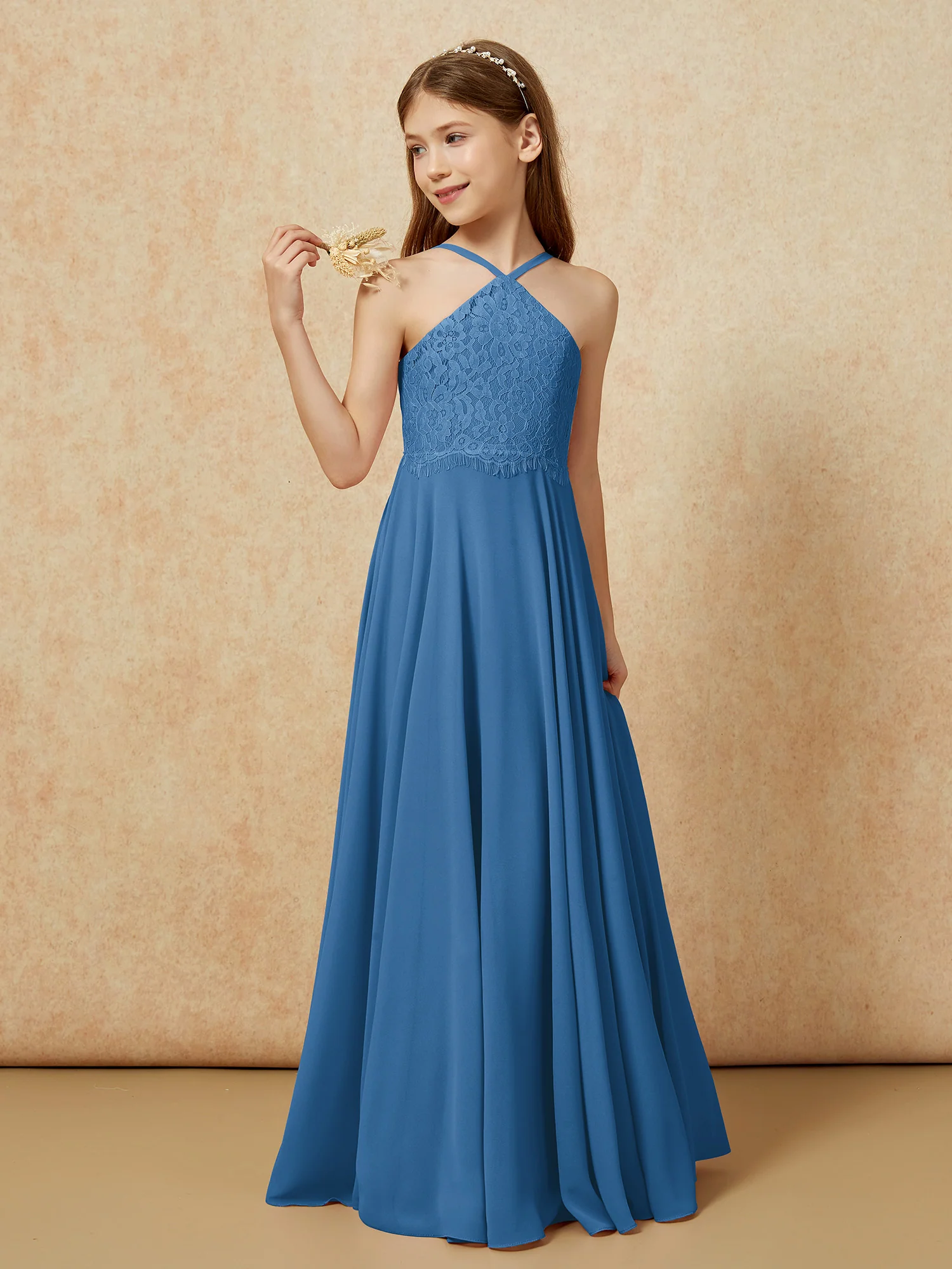 Halter Lace Top Long Chiffon Junior Bridesmaid Dress Ink Blue - Image 3