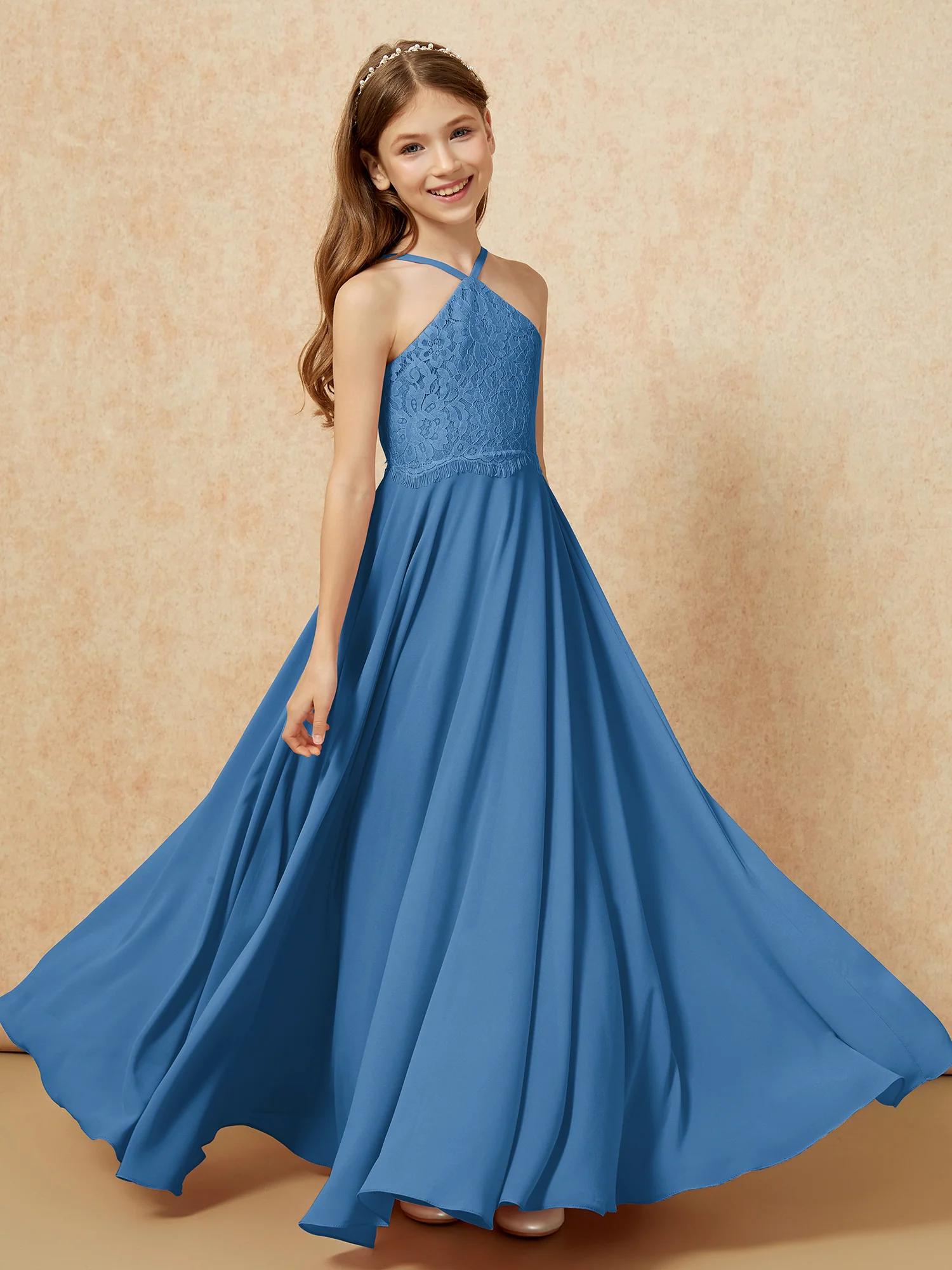 Halter Lace Top Long Chiffon Junior Bridesmaid Dress Ink Blue - Image 4