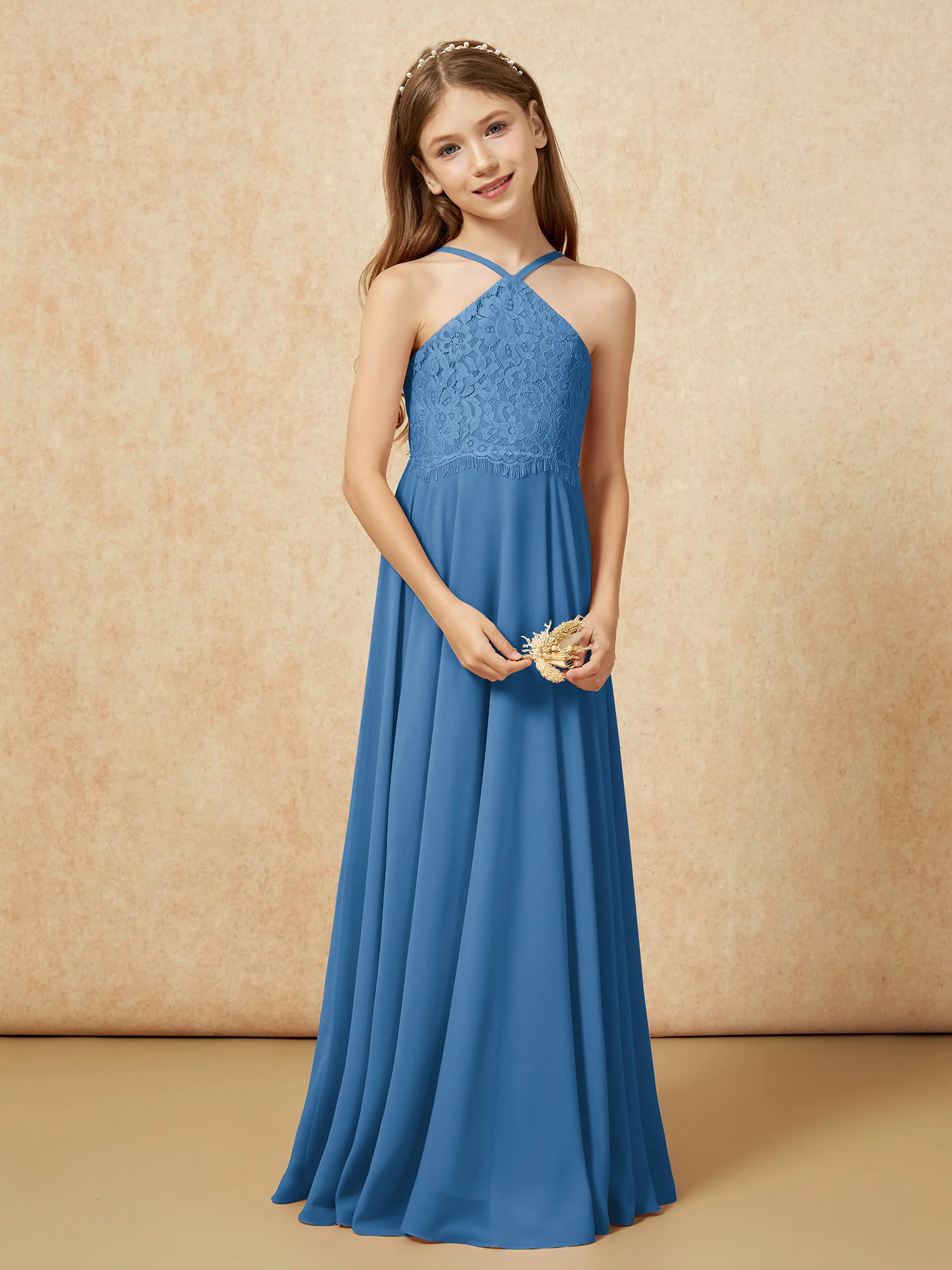 Halter Lace Top Long Chiffon Junior Bridesmaid Dress Ink Blue - Image 5