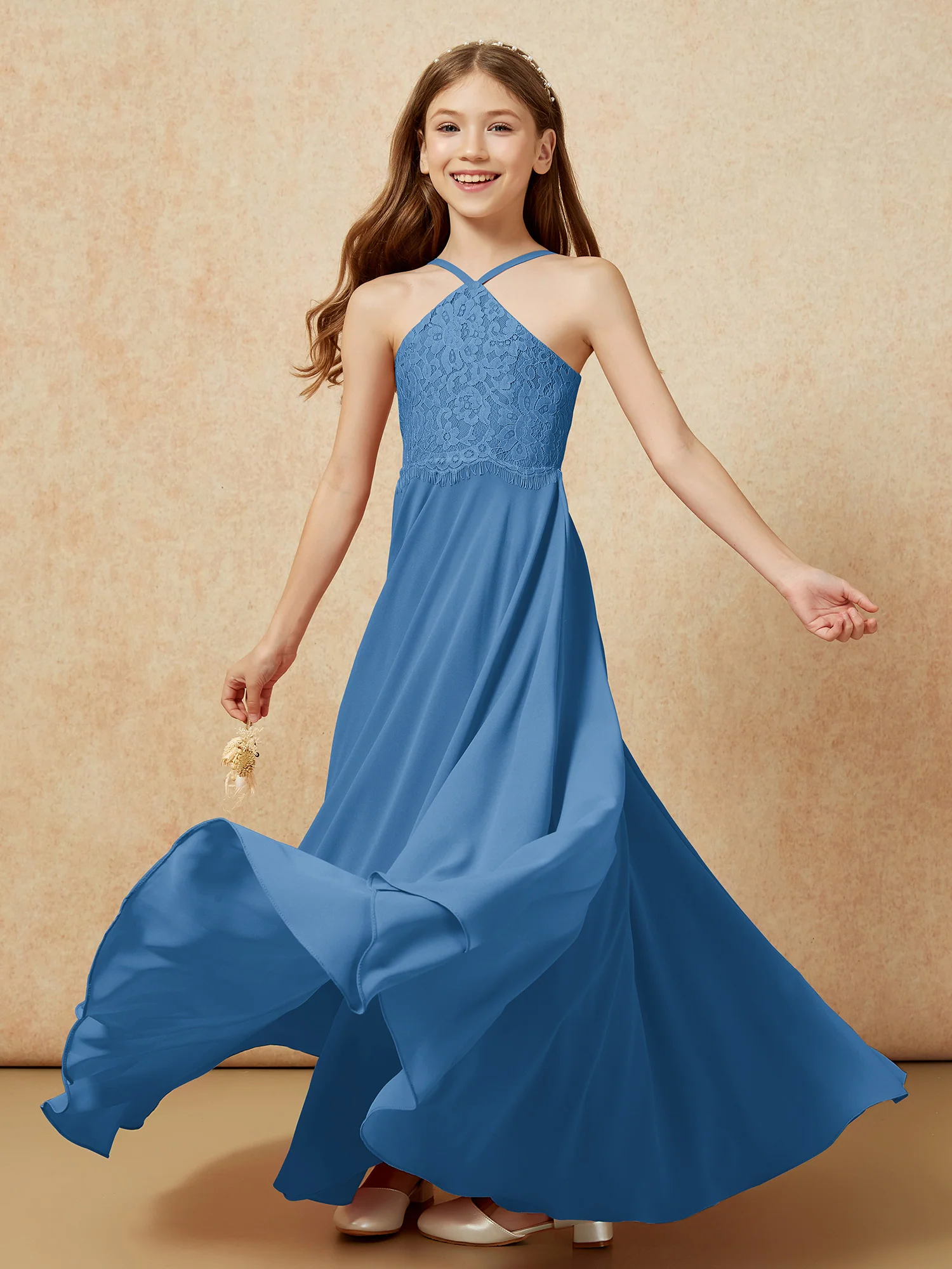Halter Lace Top Long Chiffon Junior Bridesmaid Dress Ink Blue - Image 6