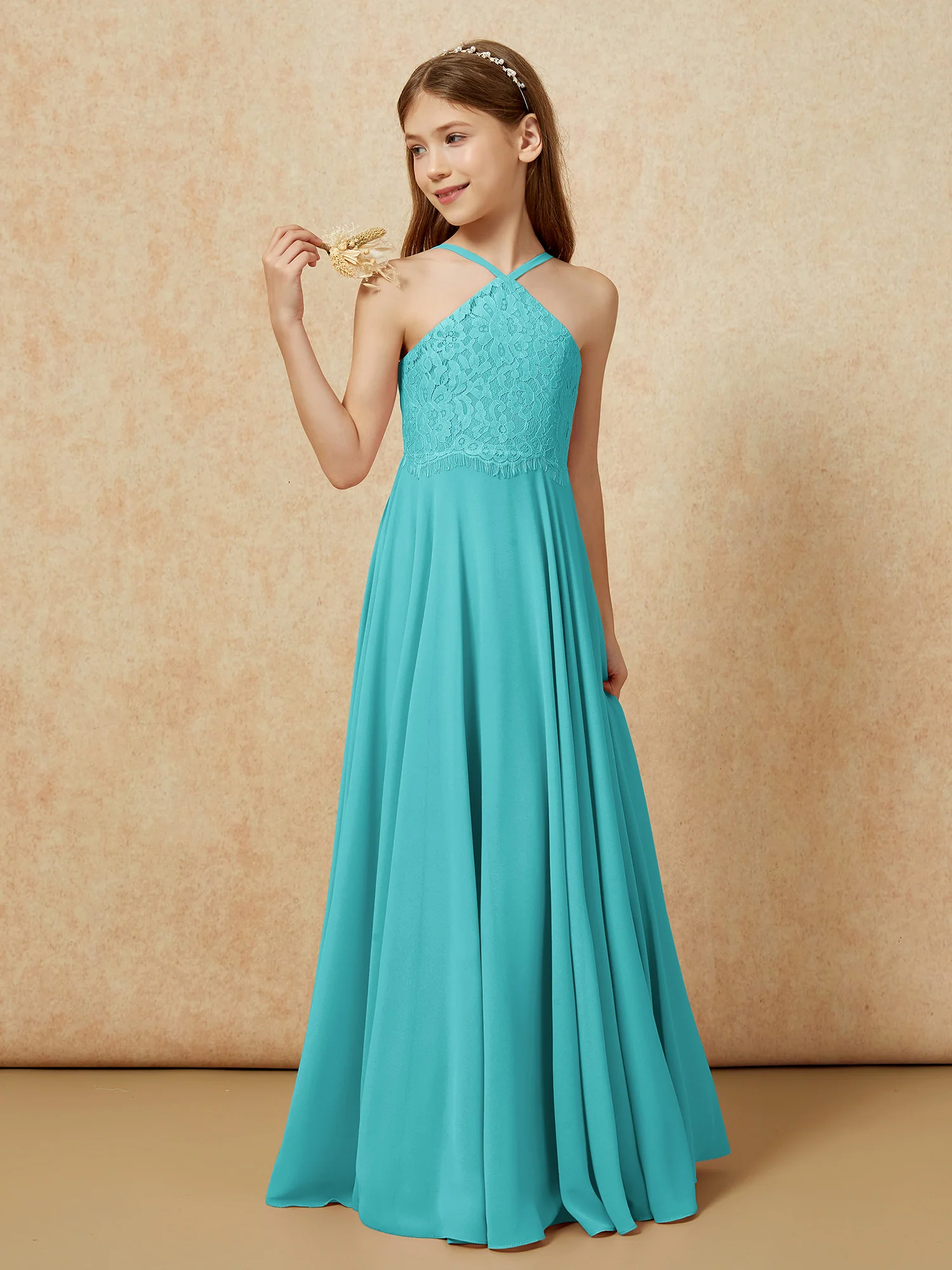 Halter Lace Top Long Chiffon Junior Bridesmaid Dress Jade - Image 3