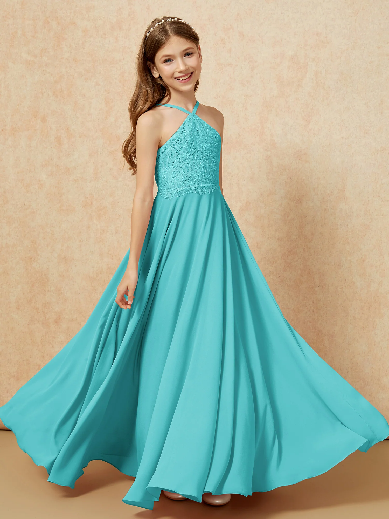 Halter Lace Top Long Chiffon Junior Bridesmaid Dress Jade - Image 4
