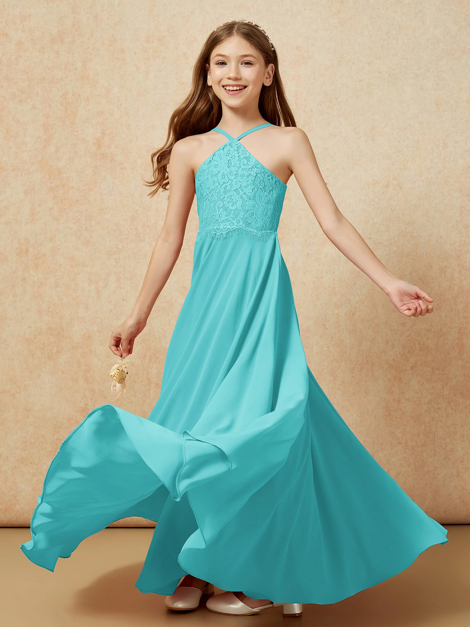Halter Lace Top Long Chiffon Junior Bridesmaid Dress Jade - Image 6