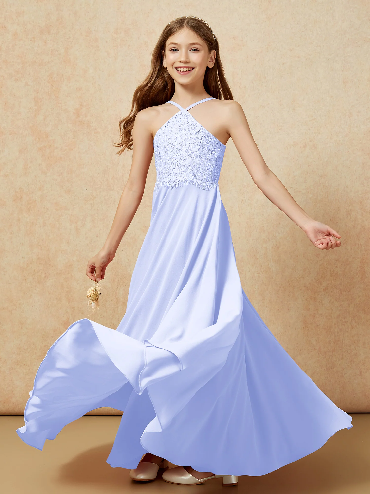 Halter Lace Top Long Chiffon Junior Bridesmaid Dress Lavender - Image 6