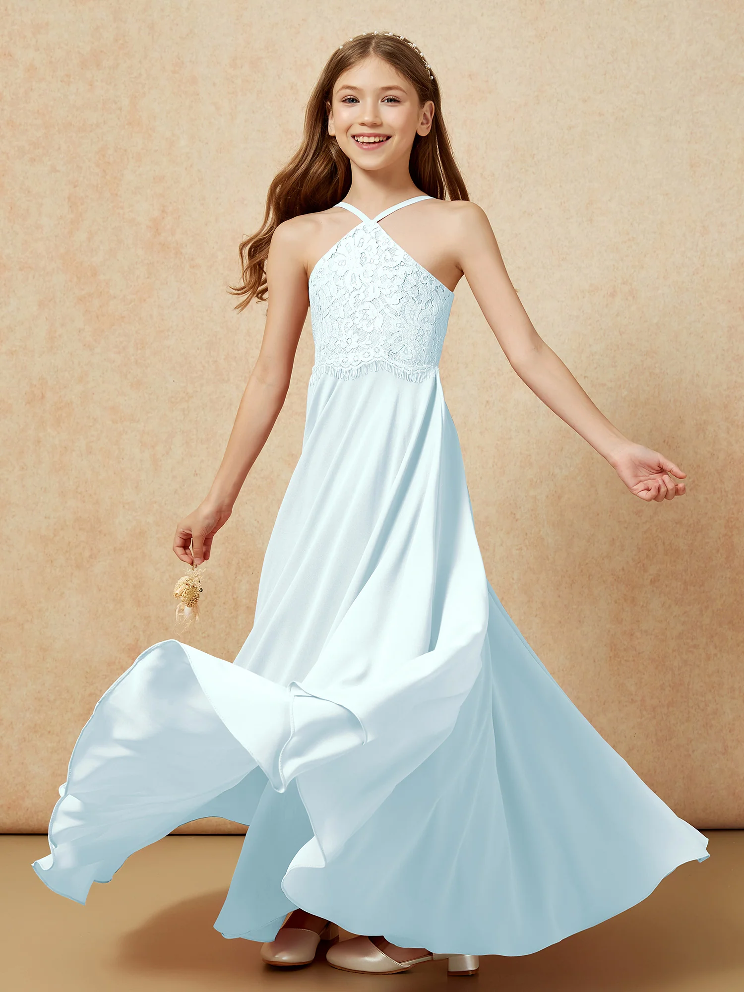 Halter Lace Top Long Chiffon Junior Bridesmaid Dress Mist - Image 6