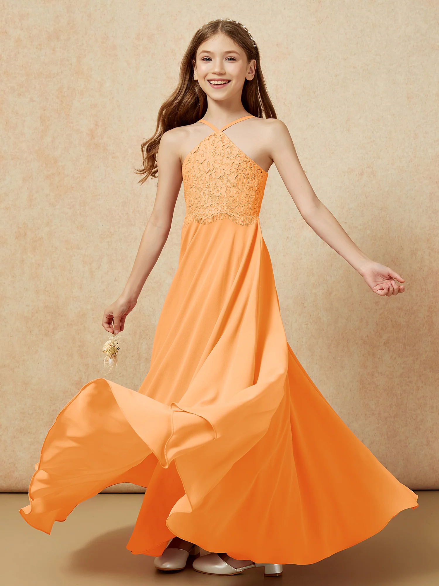 Halter Lace Top Long Chiffon Junior Bridesmaid Dress Orange - Image 6