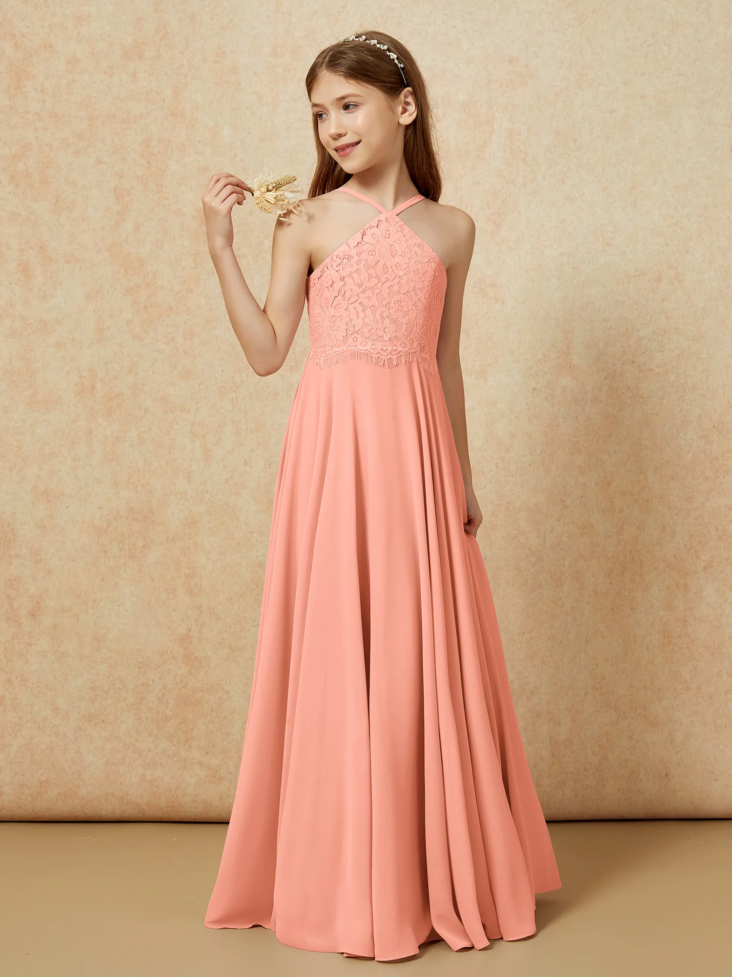 Halter Lace Top Long Chiffon Junior Bridesmaid Dress Papaya - Image 3
