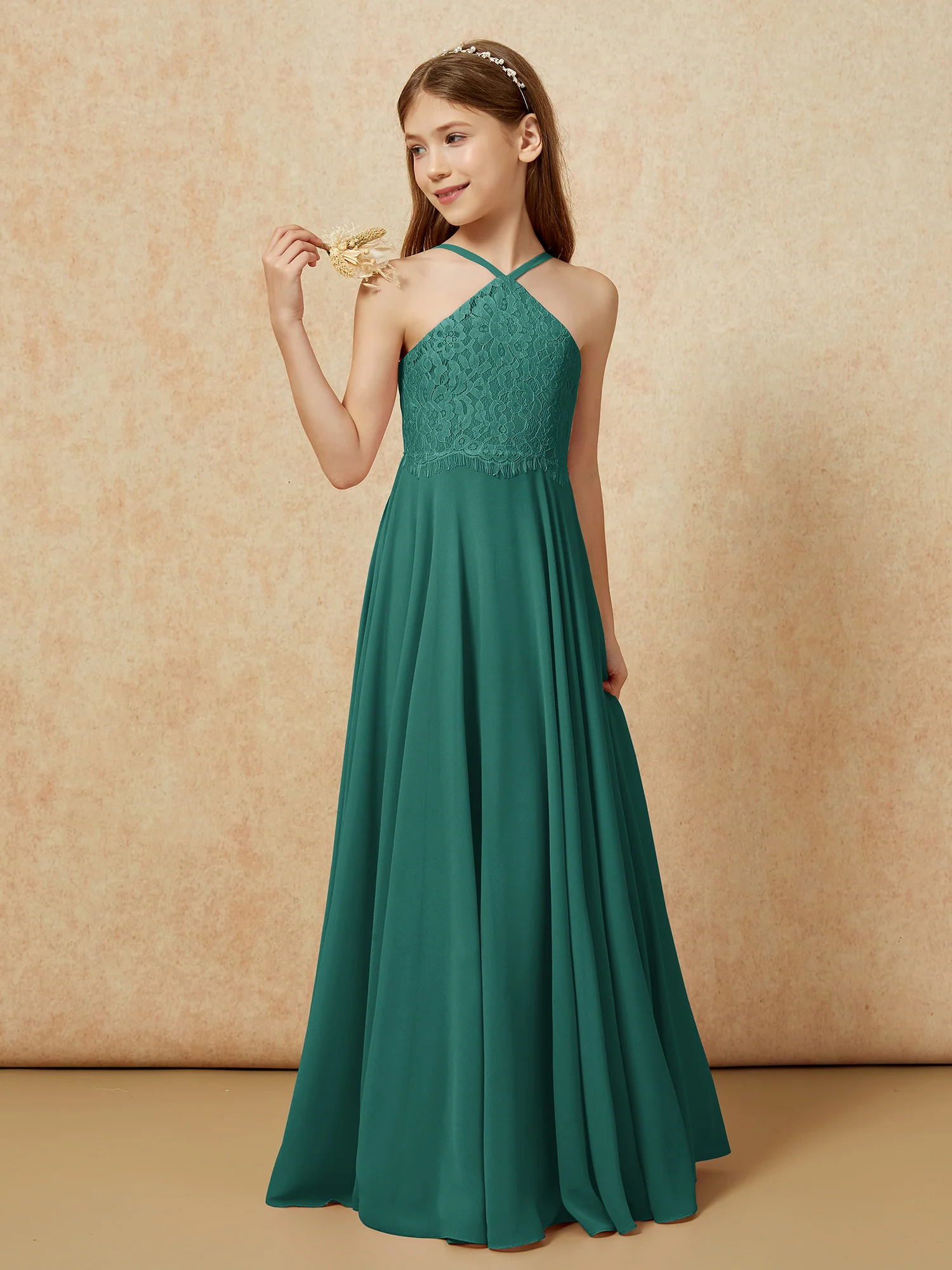 Halter Lace Top Long Chiffon Junior Bridesmaid Dress Peacock - Image 3