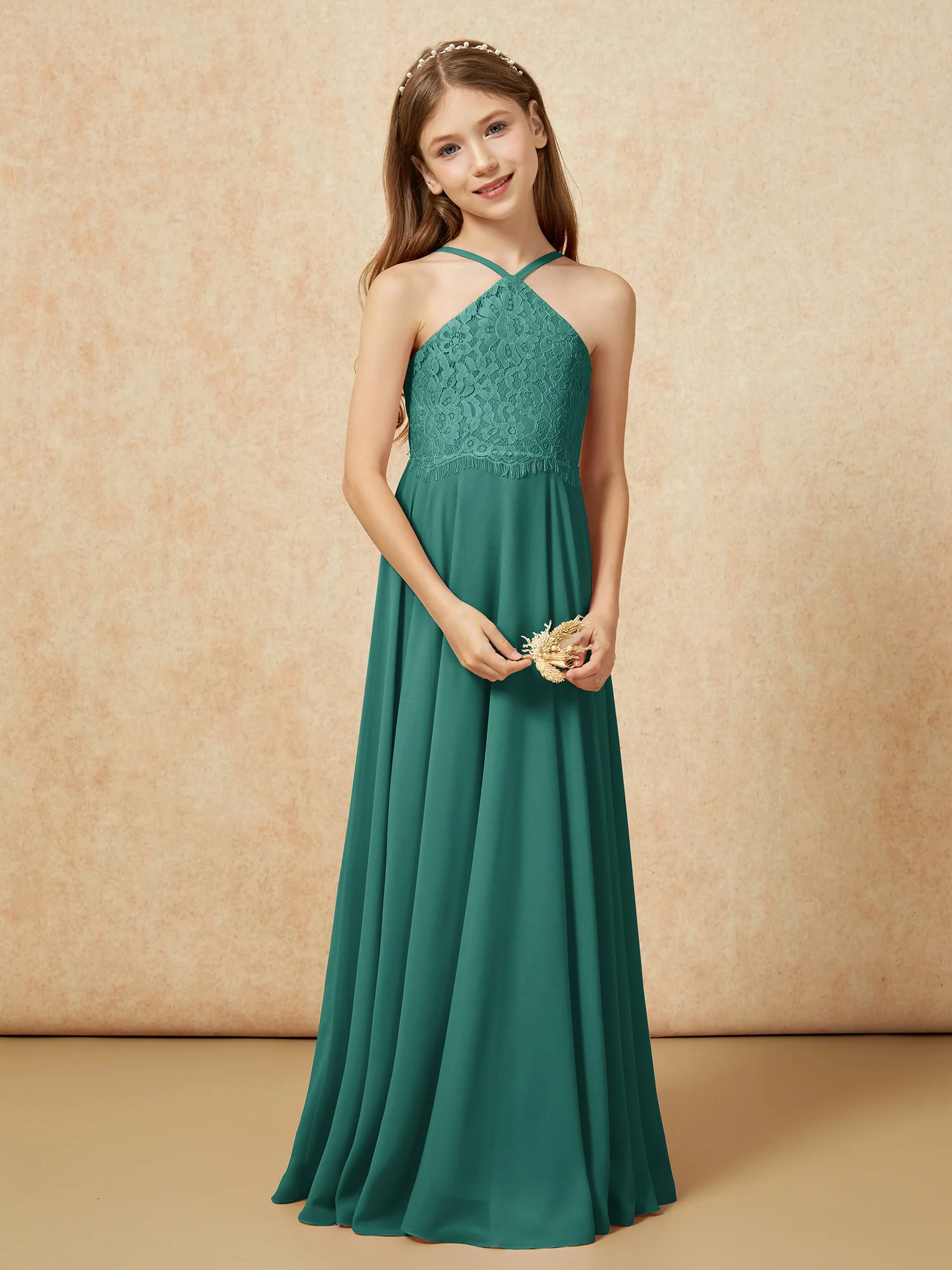 Halter Lace Top Long Chiffon Junior Bridesmaid Dress Peacock - Image 5