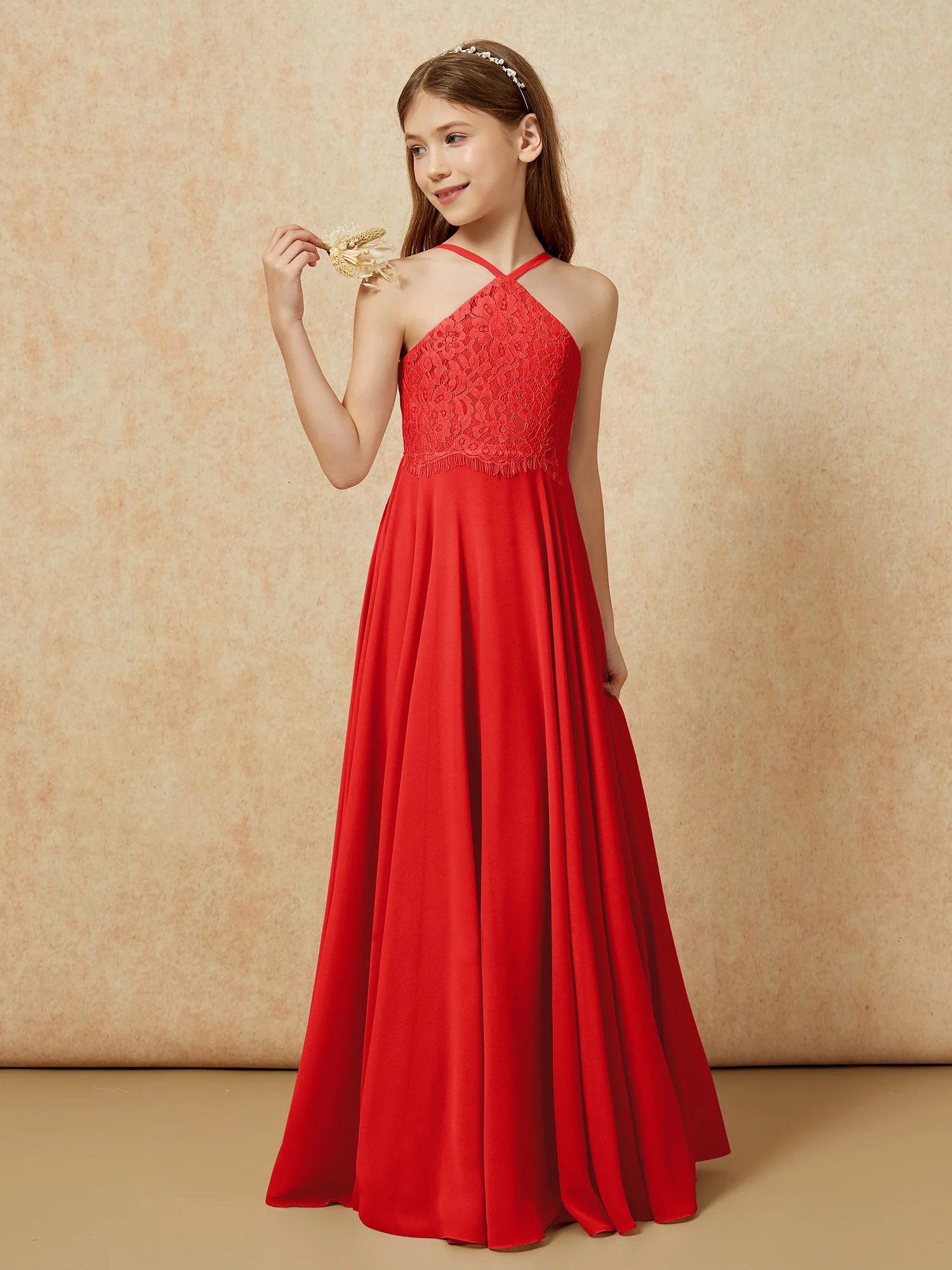 Halter Lace Top Long Chiffon Junior Bridesmaid Dress Red - Image 3