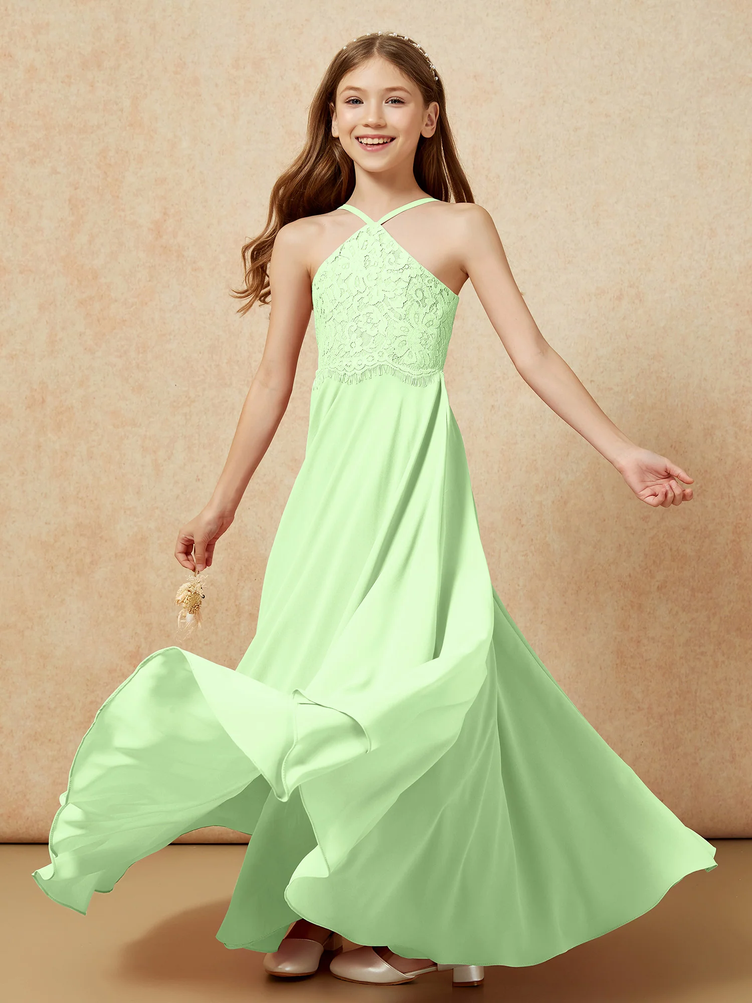 Halter Lace Top Long Chiffon Junior Bridesmaid Dress Sage - Image 6
