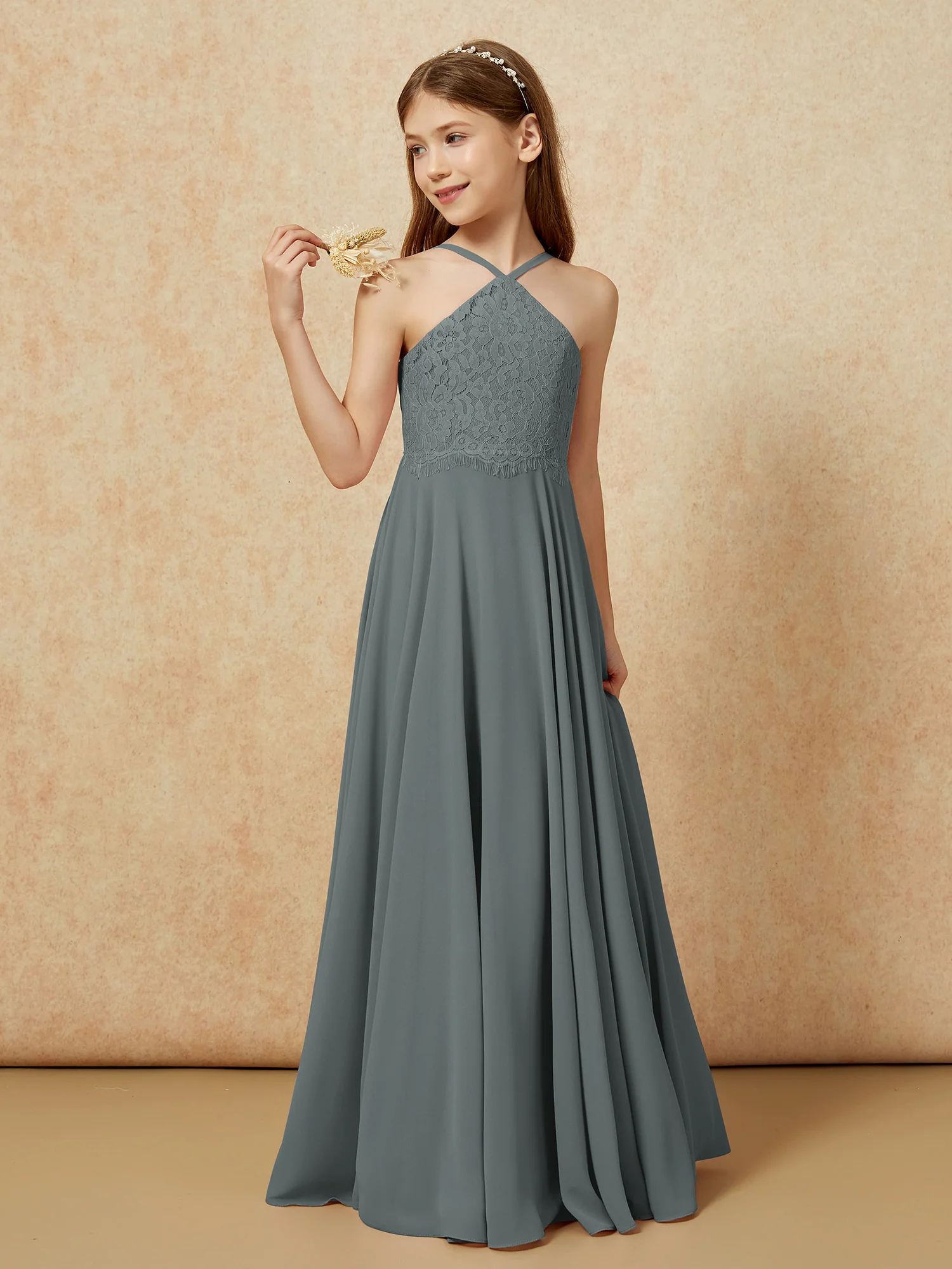 Halter Lace Top Long Chiffon Junior Bridesmaid Dress Steel Grey - Image 3