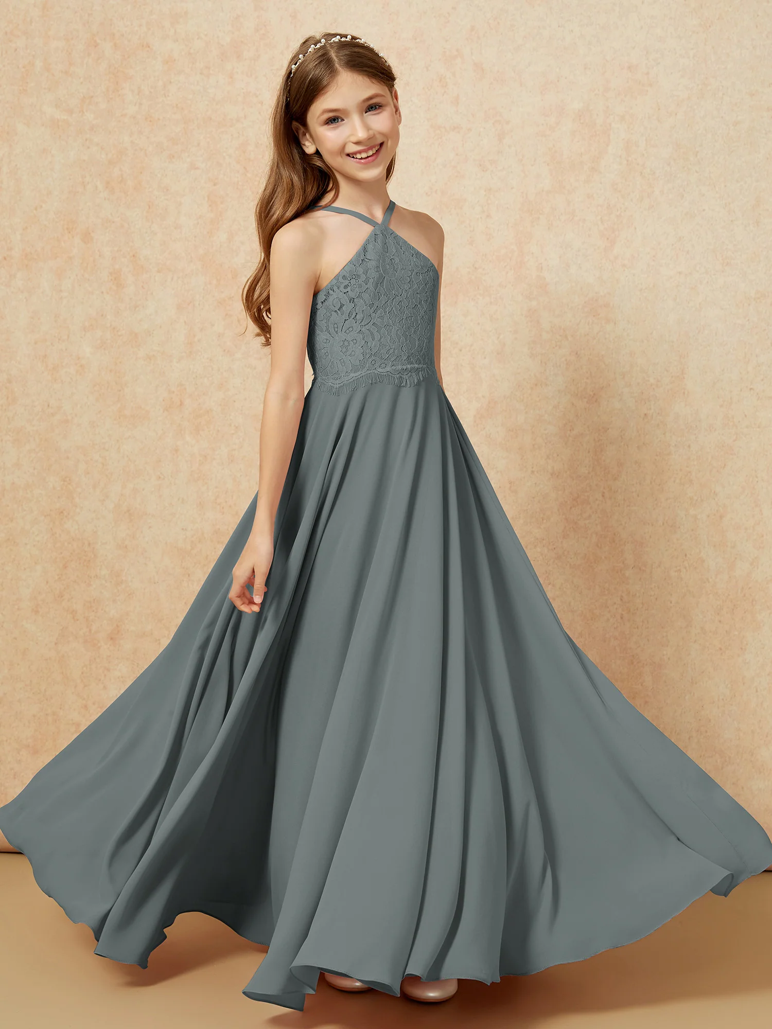 Halter Lace Top Long Chiffon Junior Bridesmaid Dress Steel Grey - Image 4